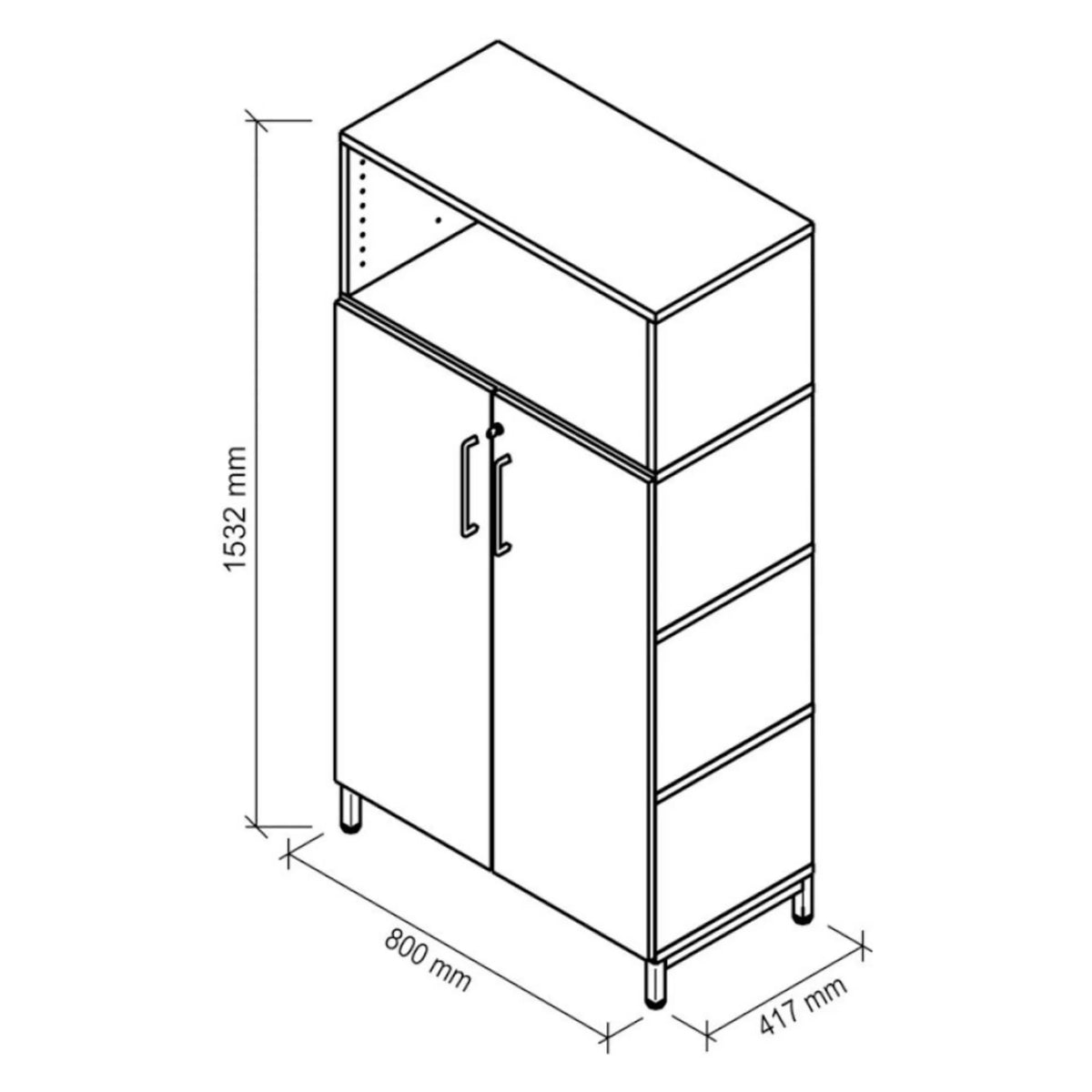 Dessin technique de l'armoire à dossiers FlexWall de 1532 × 800 mm de hjh OFFICE PRO