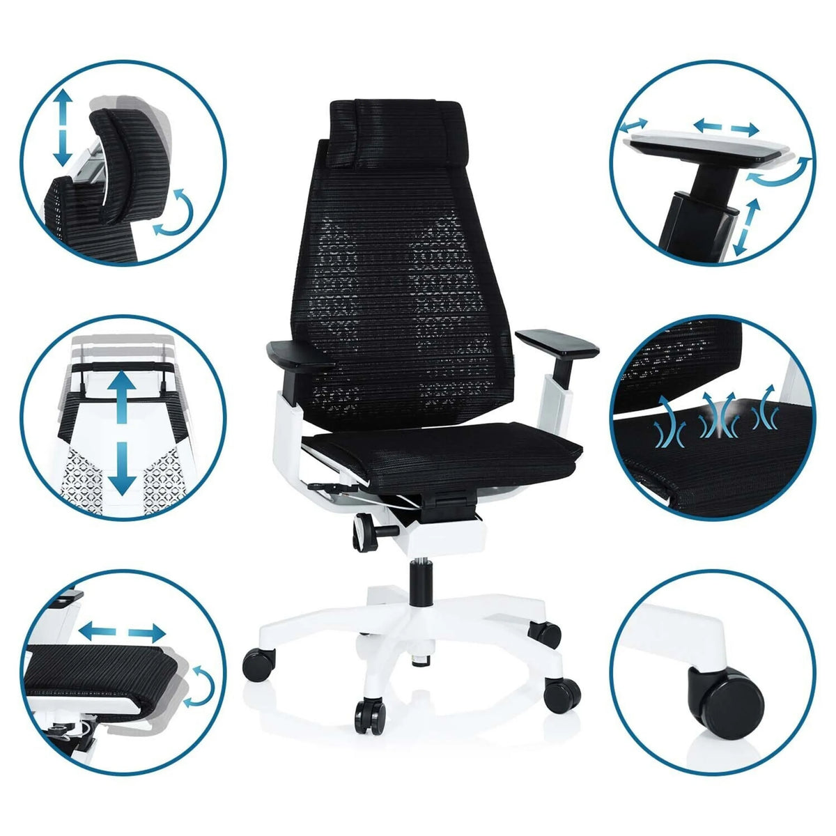 Siège de bureau haut de gamme GENIDIA PRO WHITE en noir avec différentes options de réglage et vues détaillées de hjh OFFICE