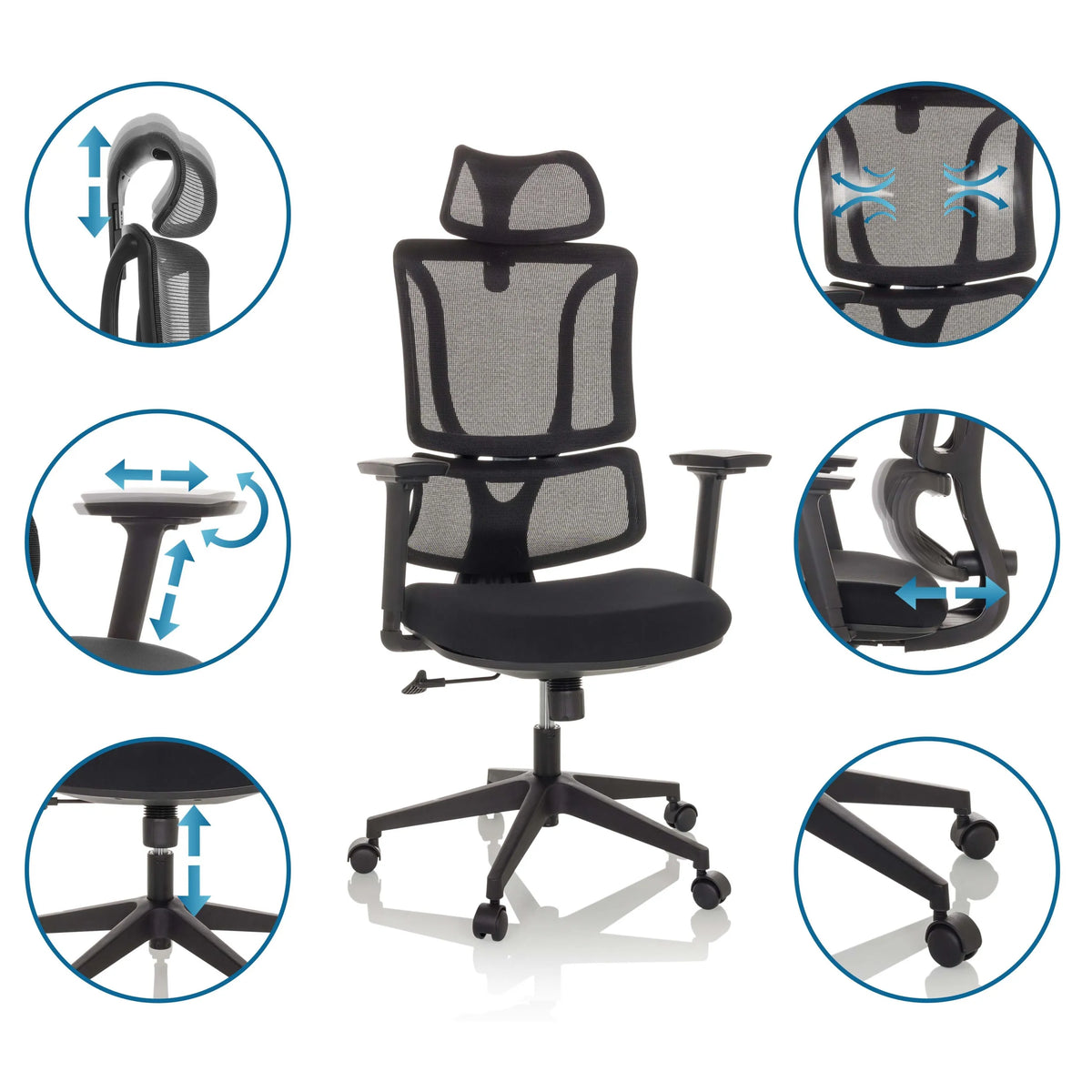 Siège de bureau à domicile ERGOMY en noir avec différentes possibilités de réglage de MyBuero