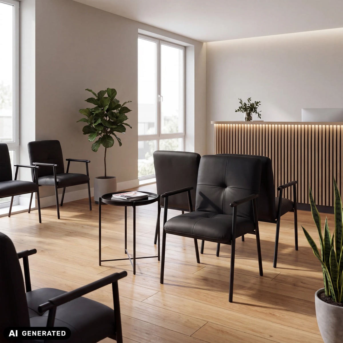 Chaises rembourrées Lifea Flex noires en similicuir avec accoudoirs dans une zone d'attente de hjh LIVING (image générée par IA)