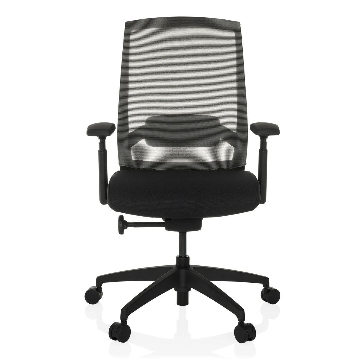 Siège de bureau de qualité professionnelle COLORE noir avec dossier en maille et pied à cinq roulettes de hjh OFFICE – vue à 360° (vue de face 0°)