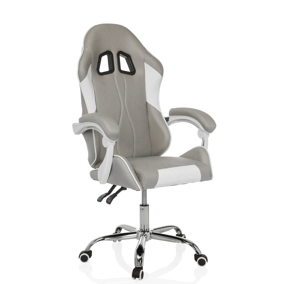 Fauteuil Gamer GAMEBREAKER W03 gris et blanc avec deux ouvertures pour appui-tête et base à cinq roulettes de MyBuero – vue à 360° (vue de trois quarts avant 30°)