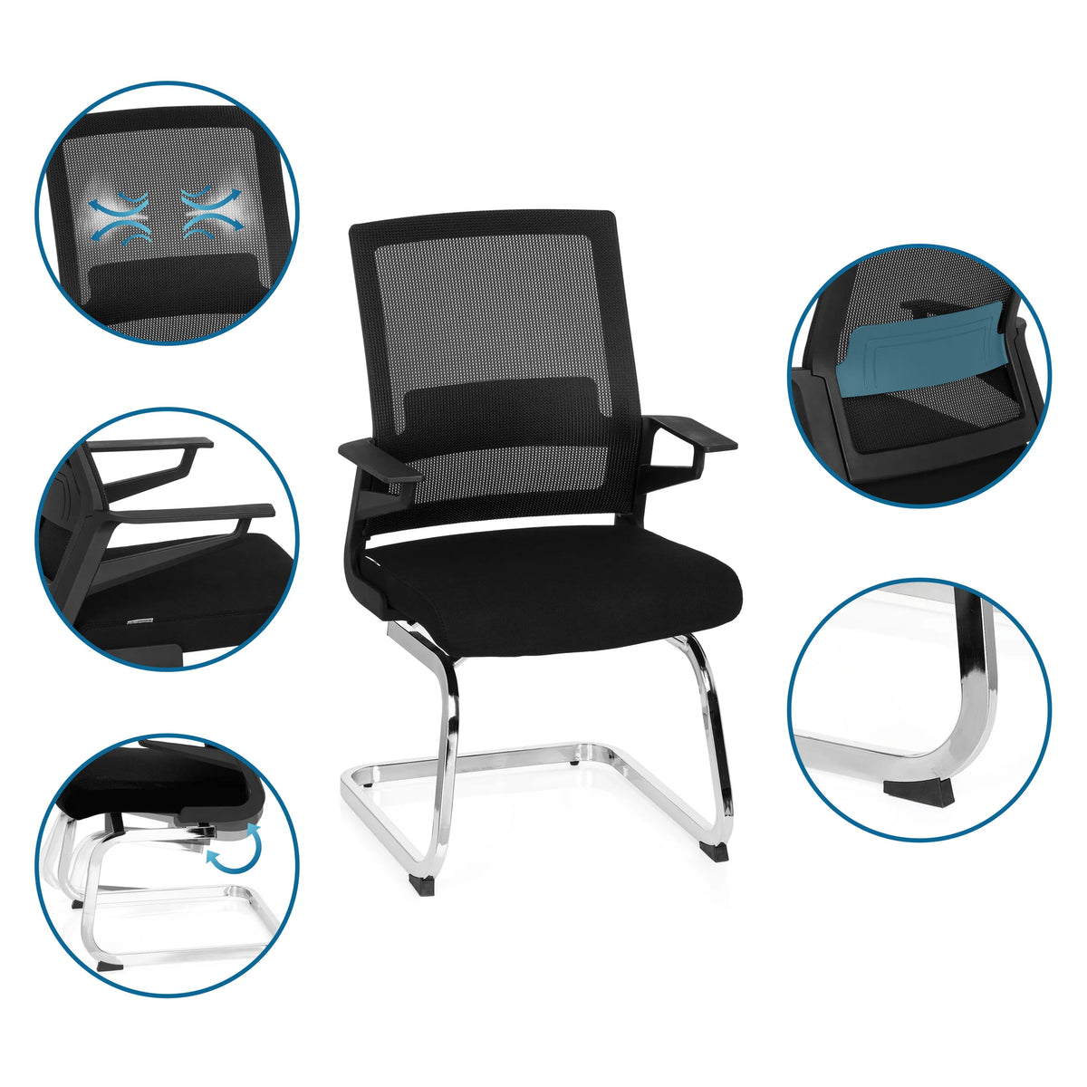 Chaise cantilever INVENTOR V en noir avec dossier en maille, accoudoirs et piètement luge chromé de hjh OFFICE