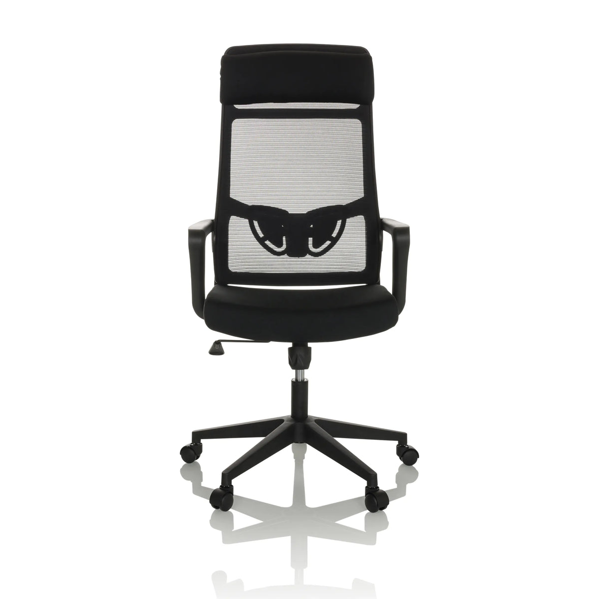 Schwarzer Homeoffice-Bürostuhl NEKEO mit Netzrücken und Fußkreuz mit fünf Rollen von hjh OFFICE – 360-Grad-Ansicht (Frontansicht 0°)