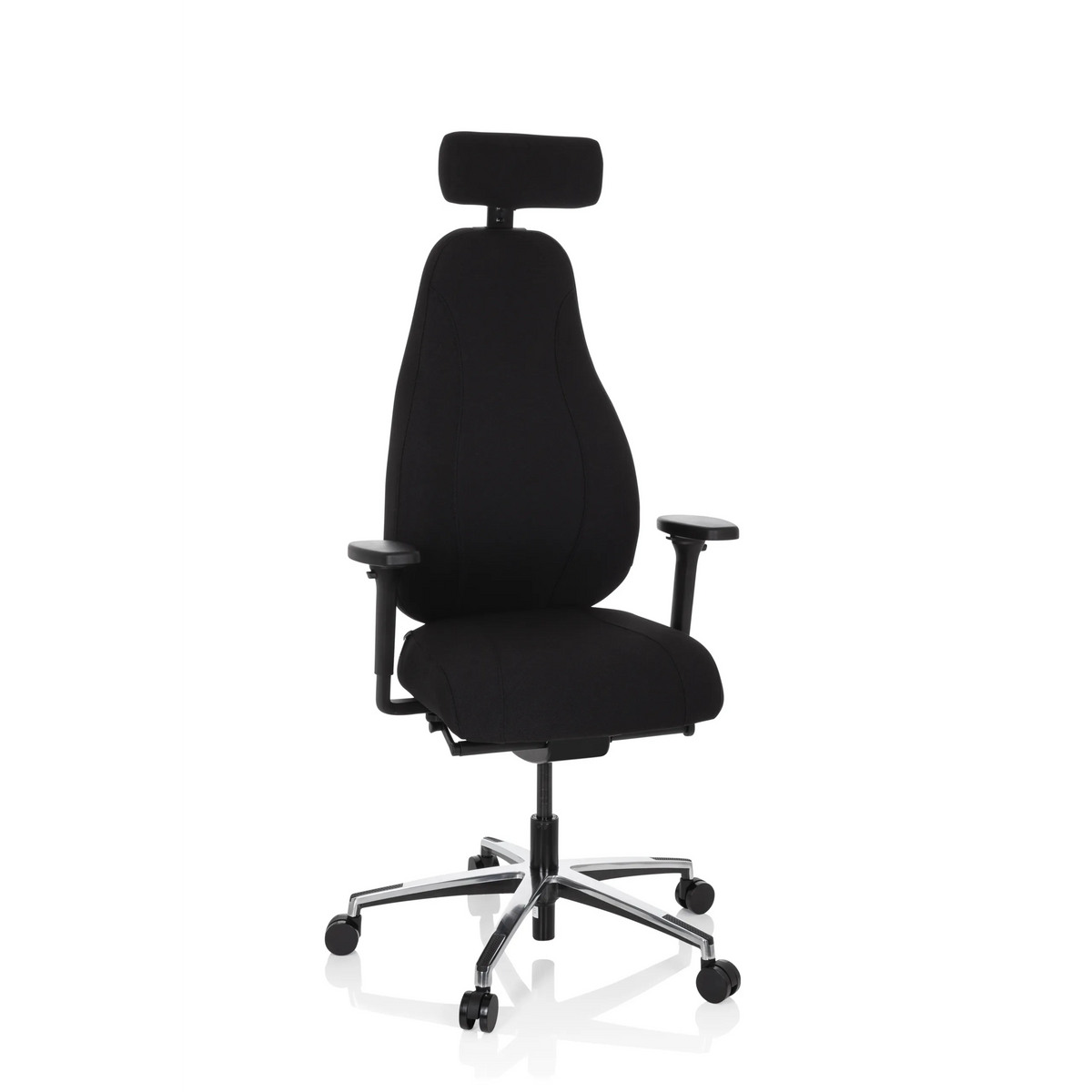 Siège de bureau haut de gamme RESISTIO noir avec appui-tête et piètement à cinq roulettes de hjh OFFICE – vue à 360° (vue de face 20°)