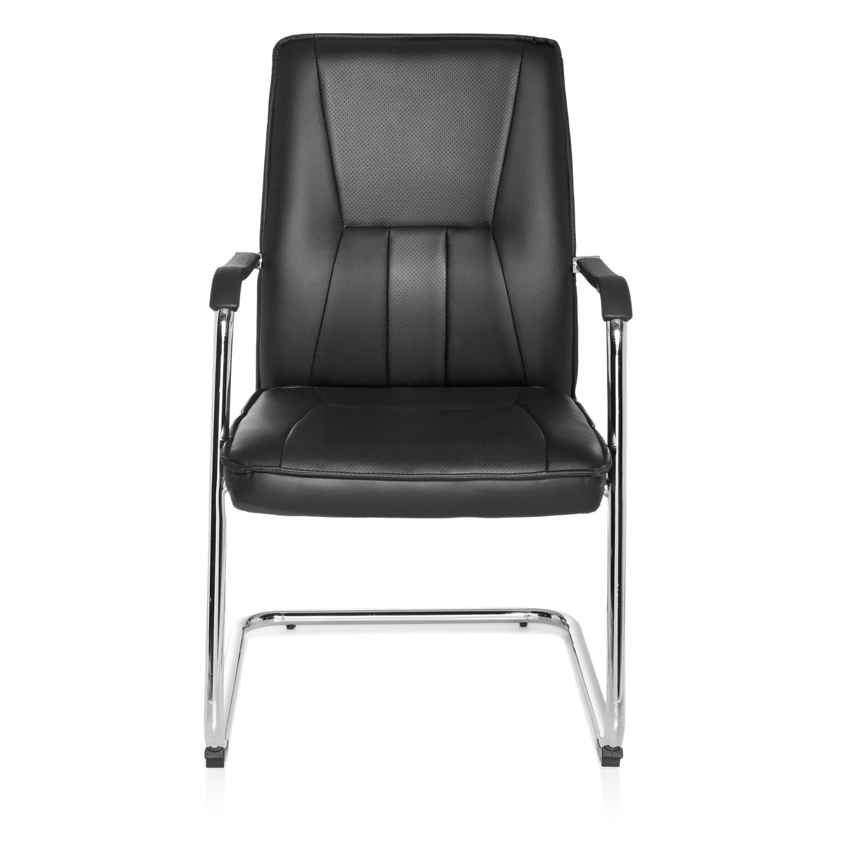 Chaises cantilever TILA noires avec accoudoirs et structure chromée de hjh OFFICE – vue à 360° (vue de face 0°)
