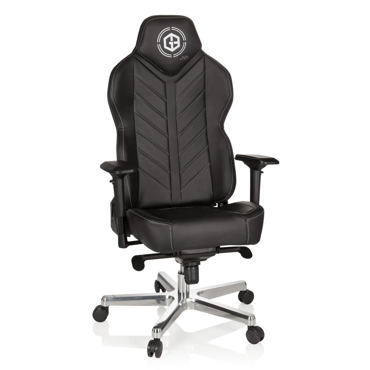 Fauteuil Gamer GAMEBREAKER COLOSSUS noir avec accoudoirs et piètement brillant à cinq roulettes de hjh OFFICE – vue à 360° (vue de face 20°)