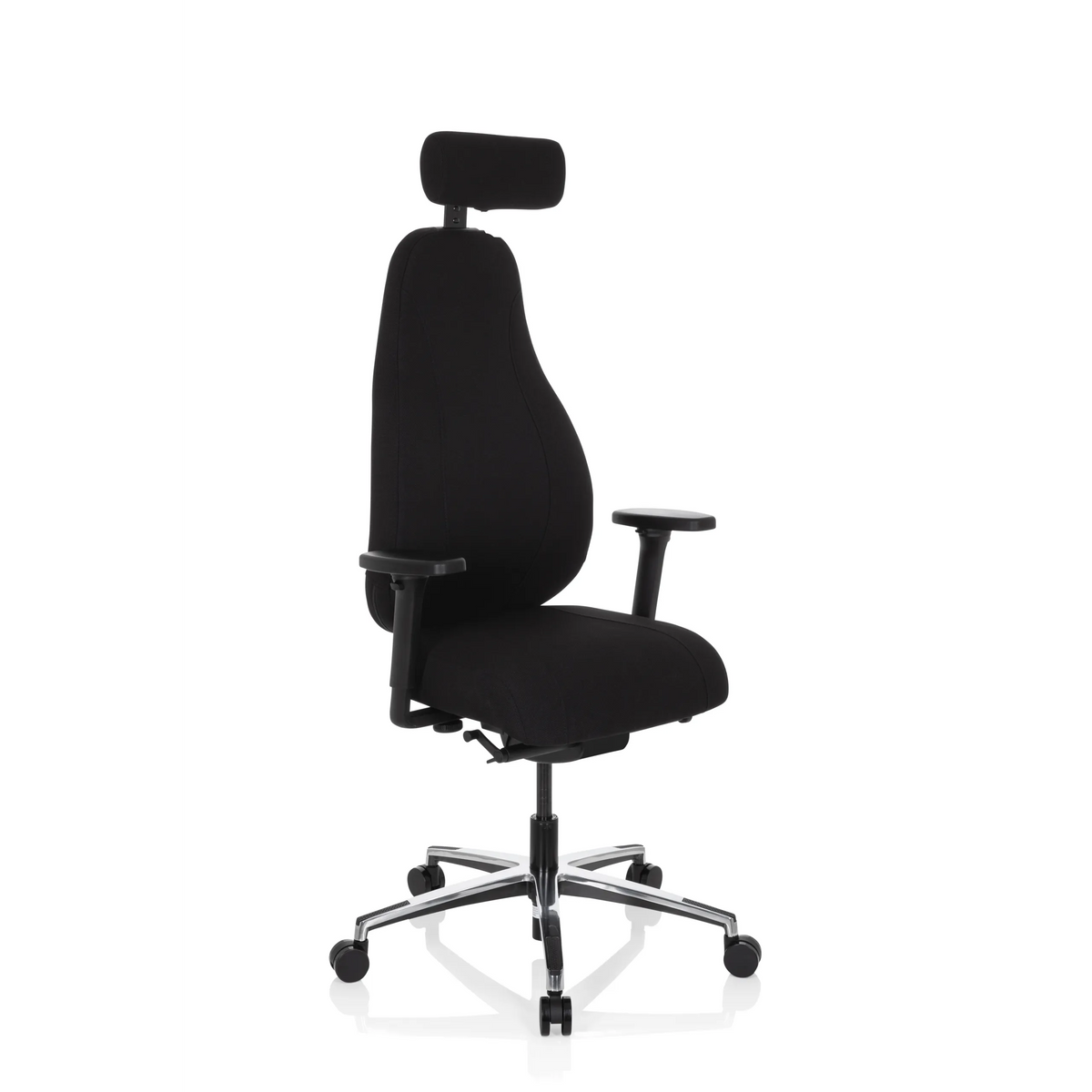 Siège de bureau haut de gamme RESISTIO noir avec appui-tête et piètement à cinq roulettes de hjh OFFICE – vue à 360° (vue de trois quarts avant 40°)