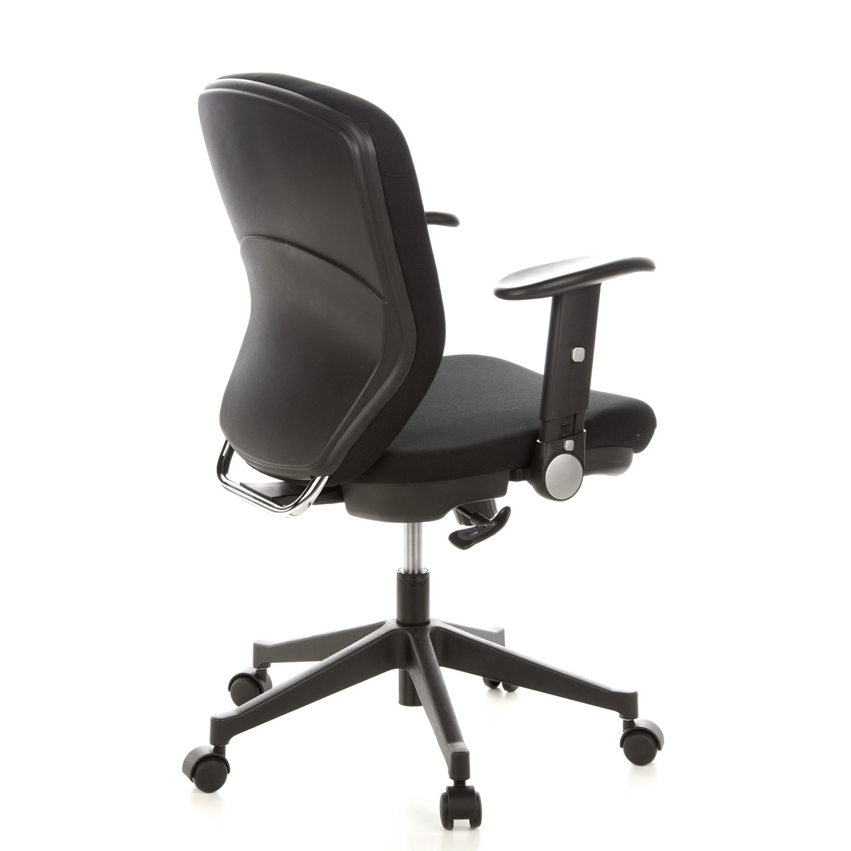 Siège de bureau de qualité professionnelle TRAFFIC 20 noir avec accoudoirs et base à cinq roulettes de hjh OFFICE – vue à 360° (vue de trois quarts arrière 120°)