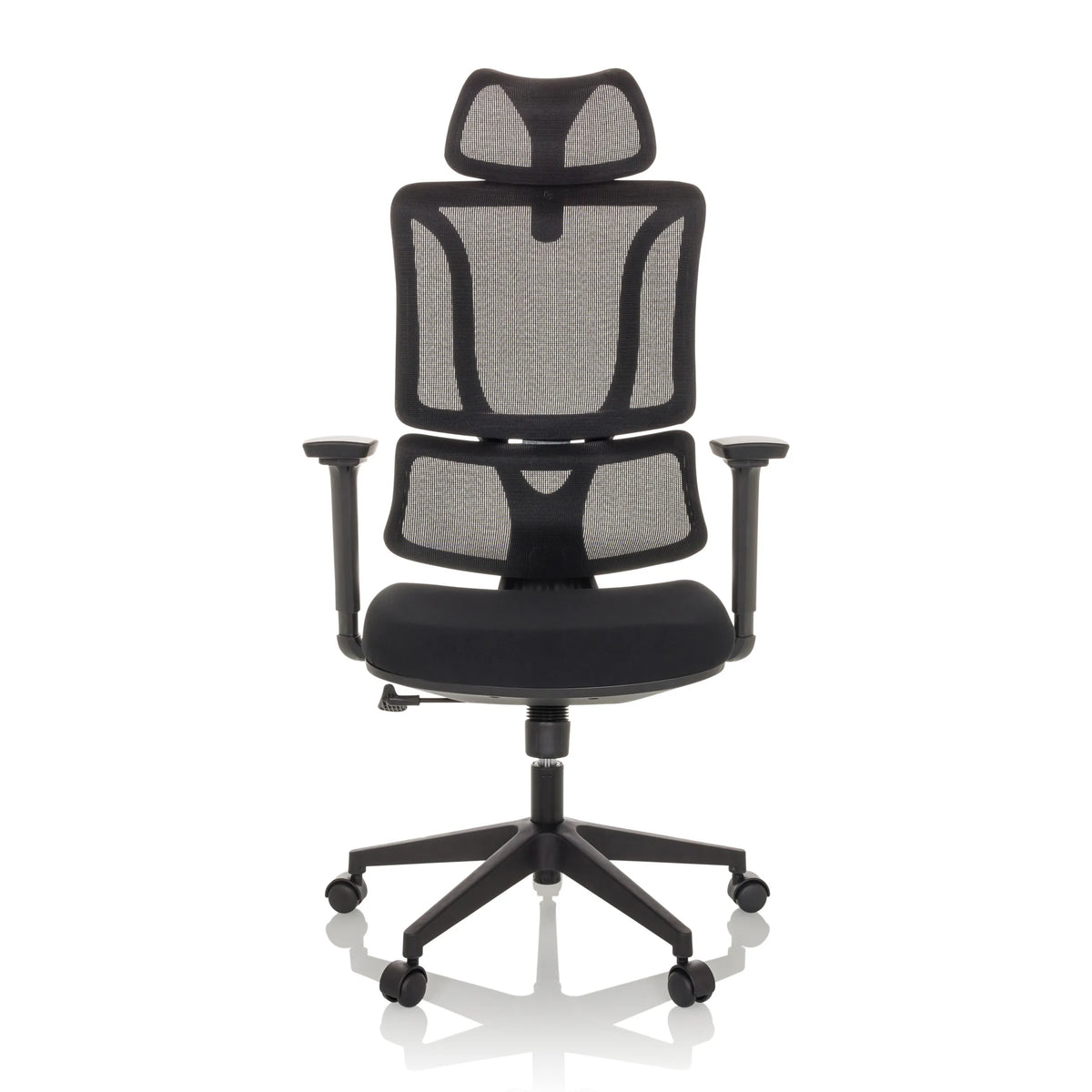 Siège de bureau à domicile ERGOMY noir avec dossier en maille et base à cinq roulettes de MyBuero – vue à 360° (vue de face 0°)