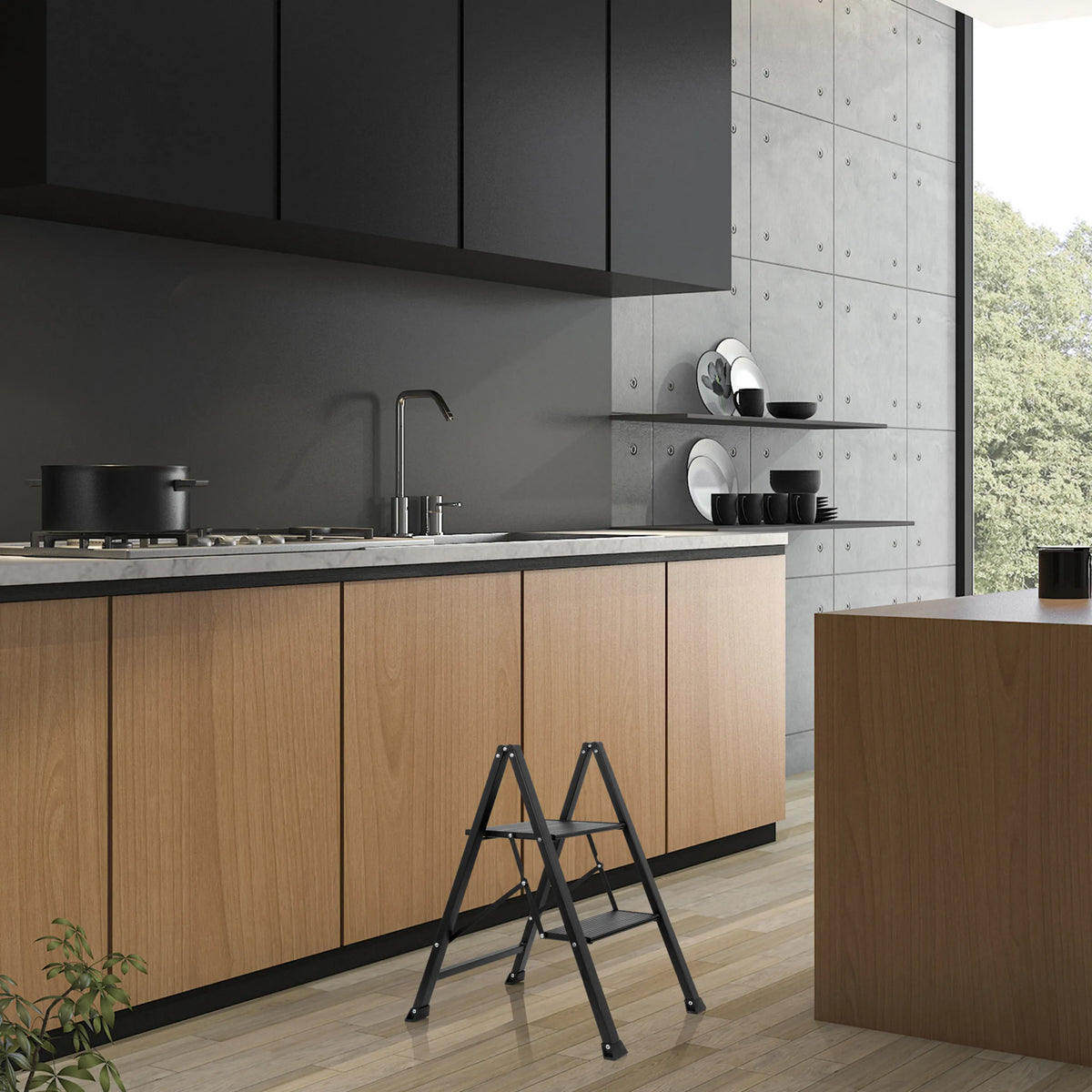 Échelle pliante noire SOLID W5 à deux marches dans une cuisine de hjh OFFICE