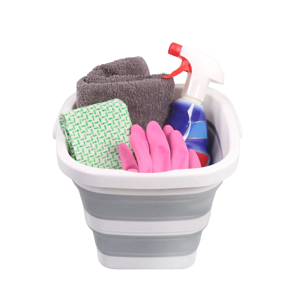 Conteneur pliable CLEAN SILE gris et blanc avec des articles de nettoyage tels que des chiffons, des gants et un vaporisateur de hjh OFFICE