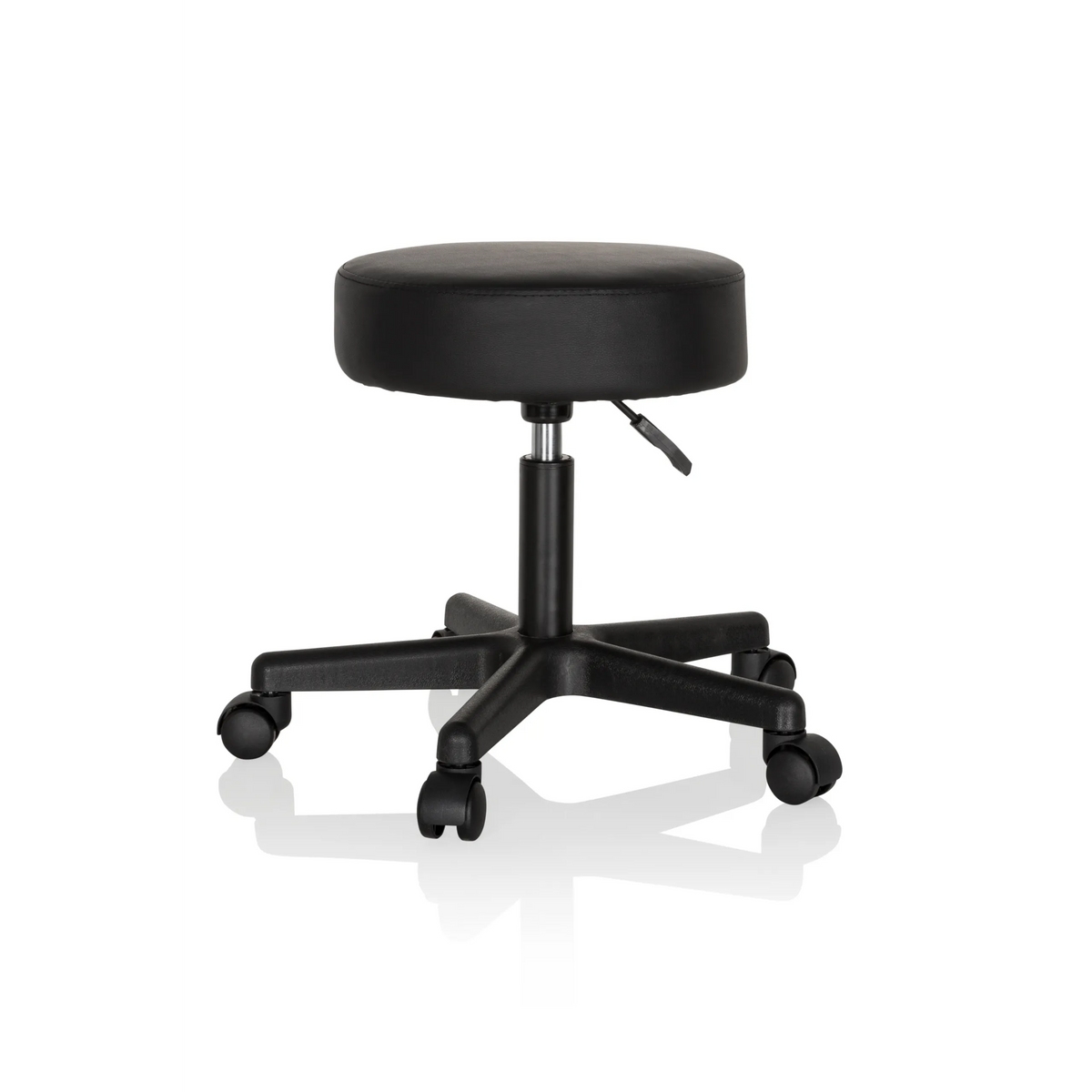 Tabouret pivotant noir OPERATOR I avec assise rembourrée et piètement à cinq roulettes de hjh OFFICE – vue à 360° (vue de face 20°)