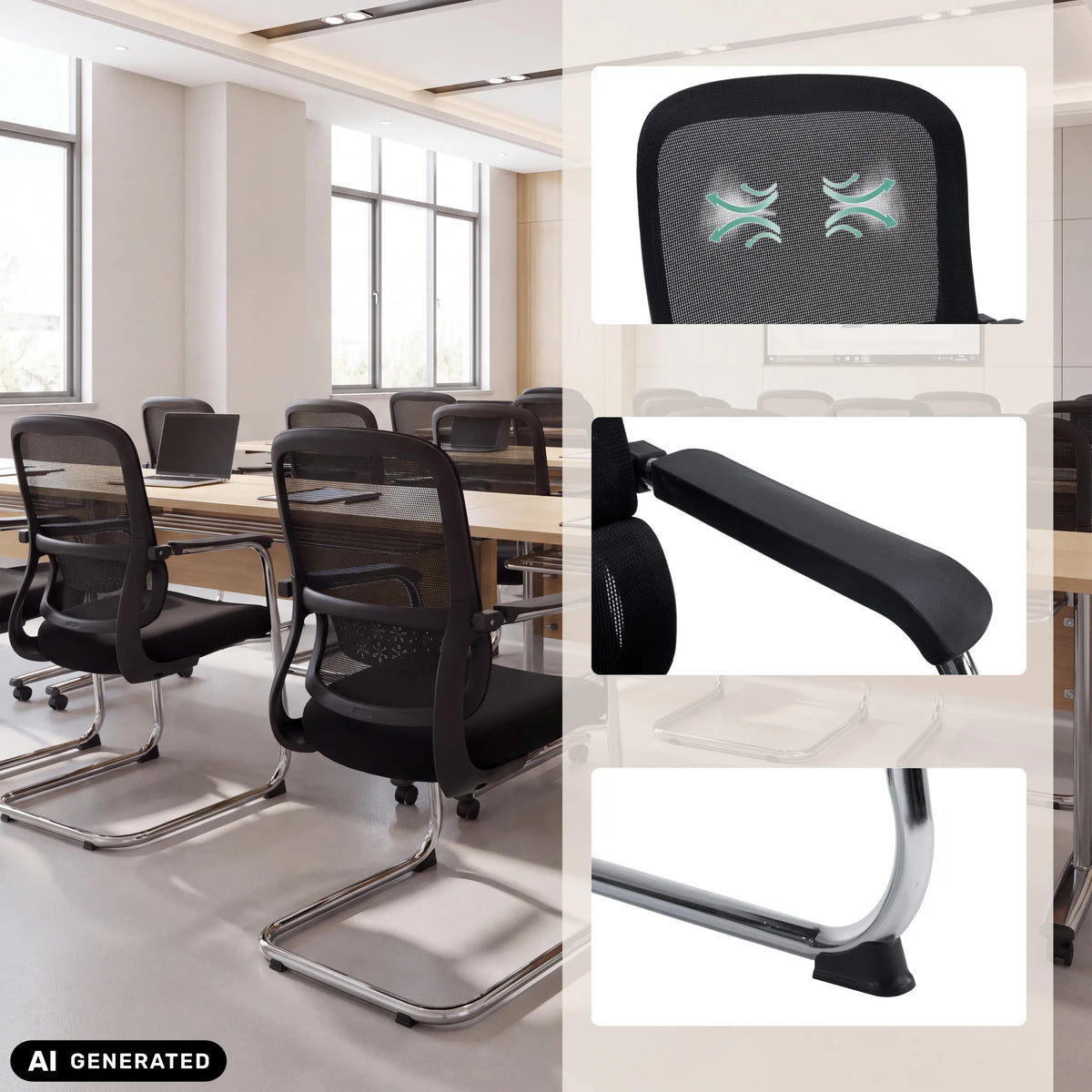 Chaise cantilever Ergomy Meet noire avec dossier en maille, accoudoirs et structure chromée de hjh OFFICE (image générée par IA)