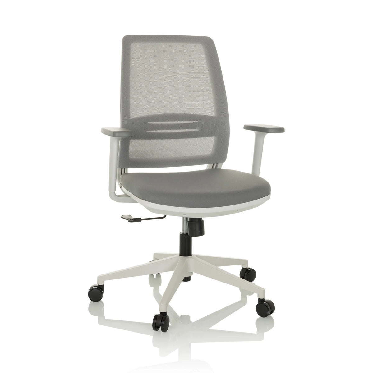 Siège de bureau à domicile PROFONDO ECO W gris avec dossier en maille et piètement à cinq roulettes de hjh OFFICE – vue à 360° (vue de face 15°)