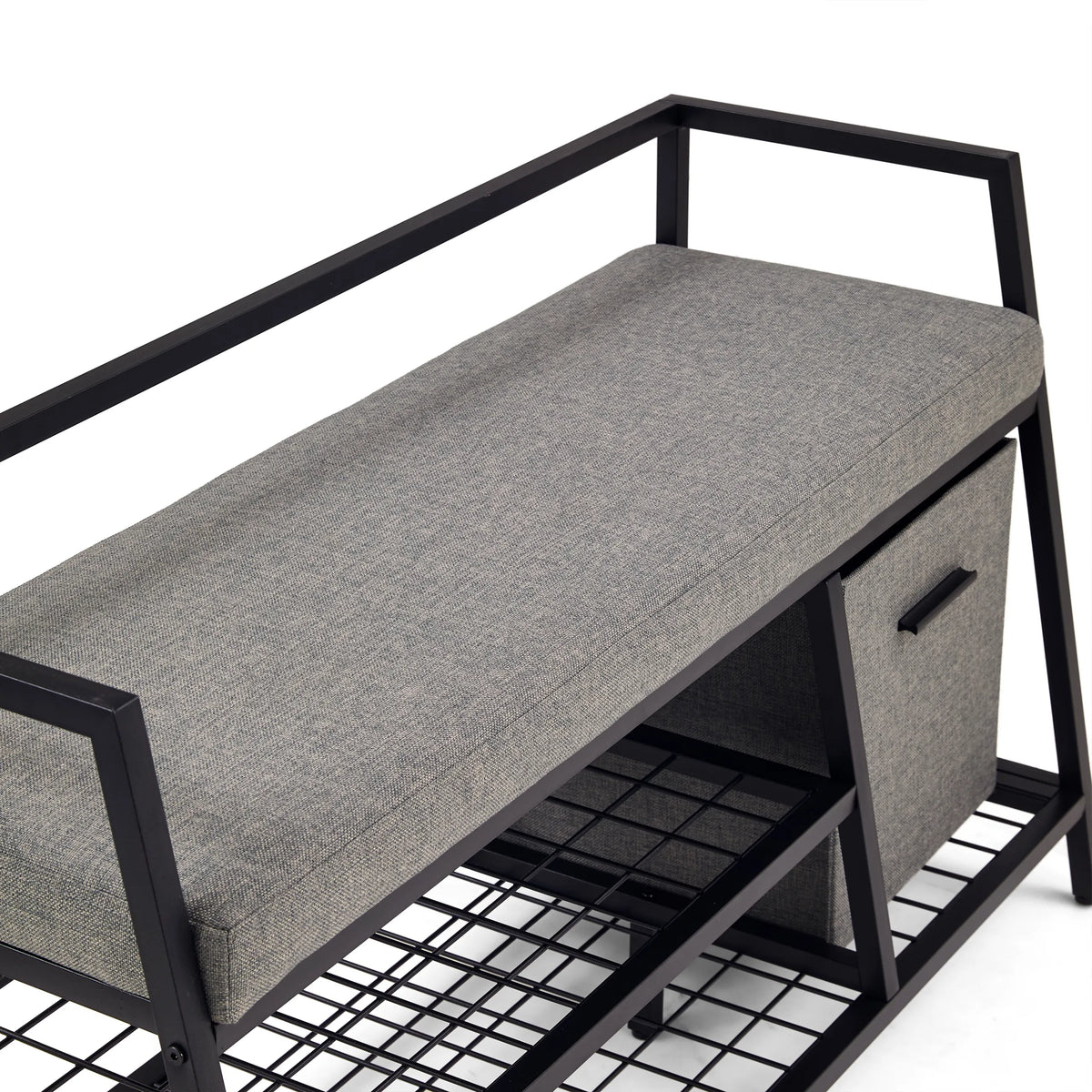 Assise grise et compartiment de rangement de l'armoire à chaussures Estha Loft avec structure en métal noir de hjh LIVING