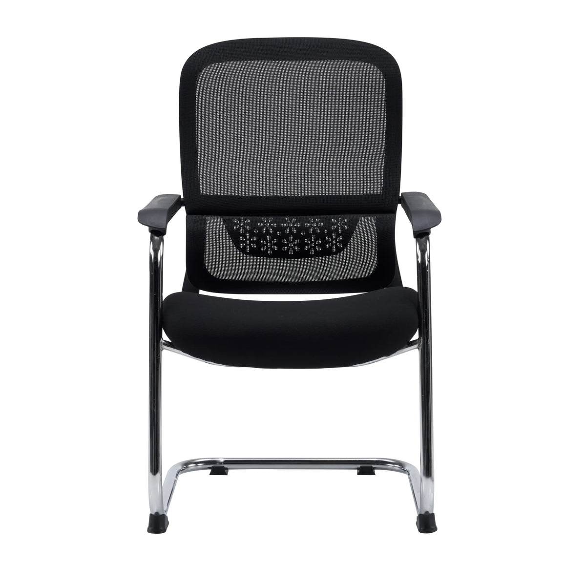 Chaise cantilever Ergomy Meet noire avec dossier en maille, accoudoirs et structure chromée de hjh OFFICE – vue à 360° (vue de face 0°)