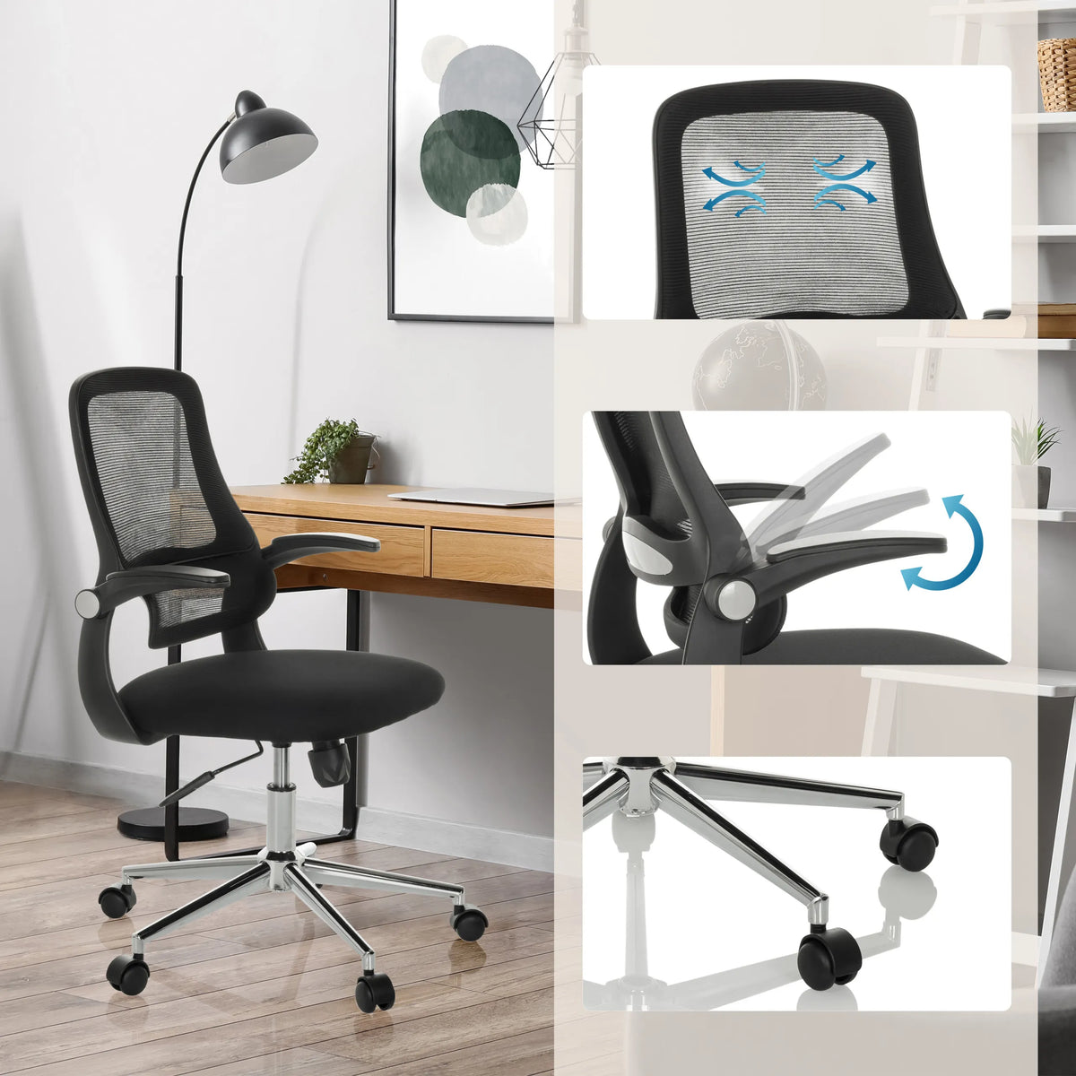Siège de bureau à domicile MIKO B ECO noir avec dossier en maille, accoudoirs réglables et roulettes de hjh OFFICE