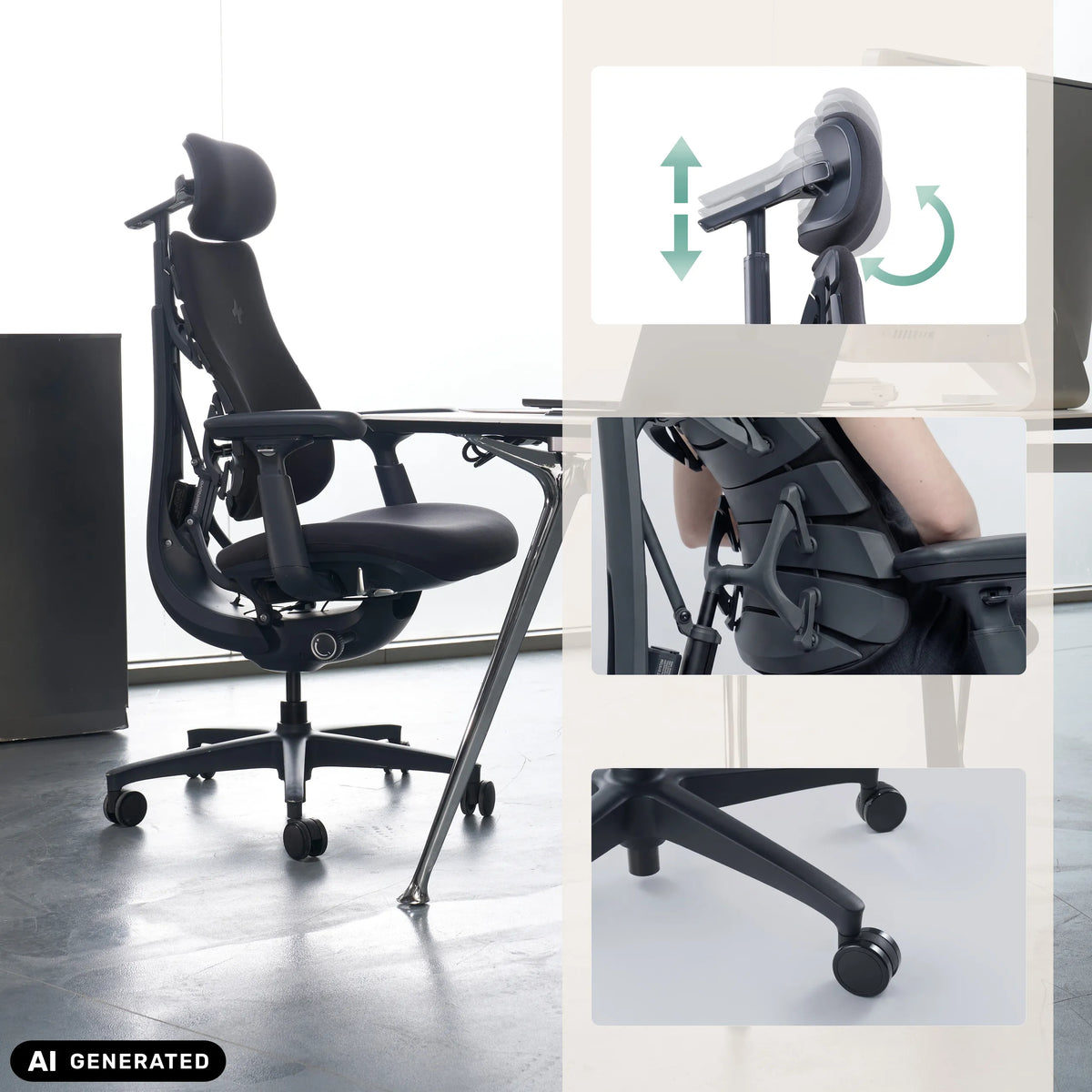Siège de bureau haut de gamme LiberNovo Omni avec appui-tête réglable et base à roulettes de Libernovo (image générée par IA)