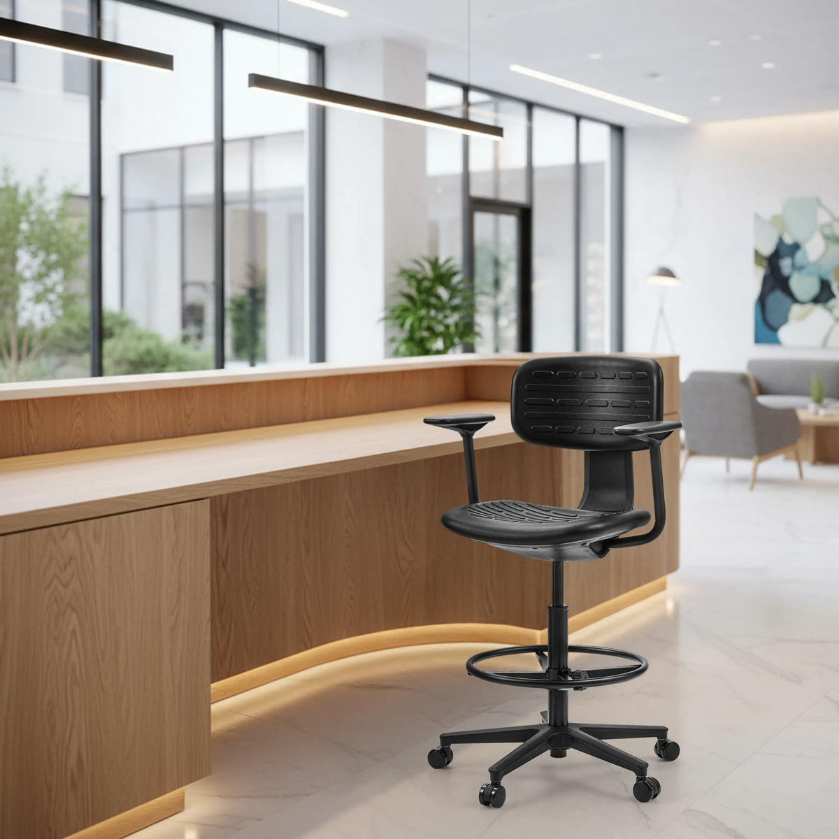 Schwarzer Counterstuhl TOP WORK B1 mit Fußring und Rollen von hjh OFFICE