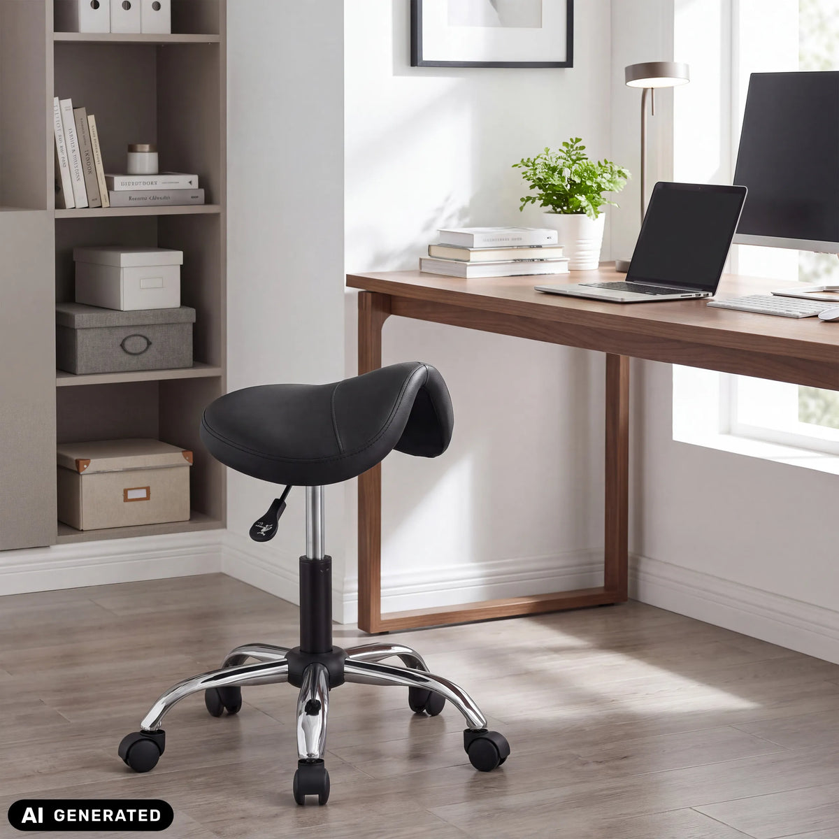 Tabouret selle Sattix en noir avec piétement en étoile chromé et roulettes de hjh OFFICE (image générée par IA)