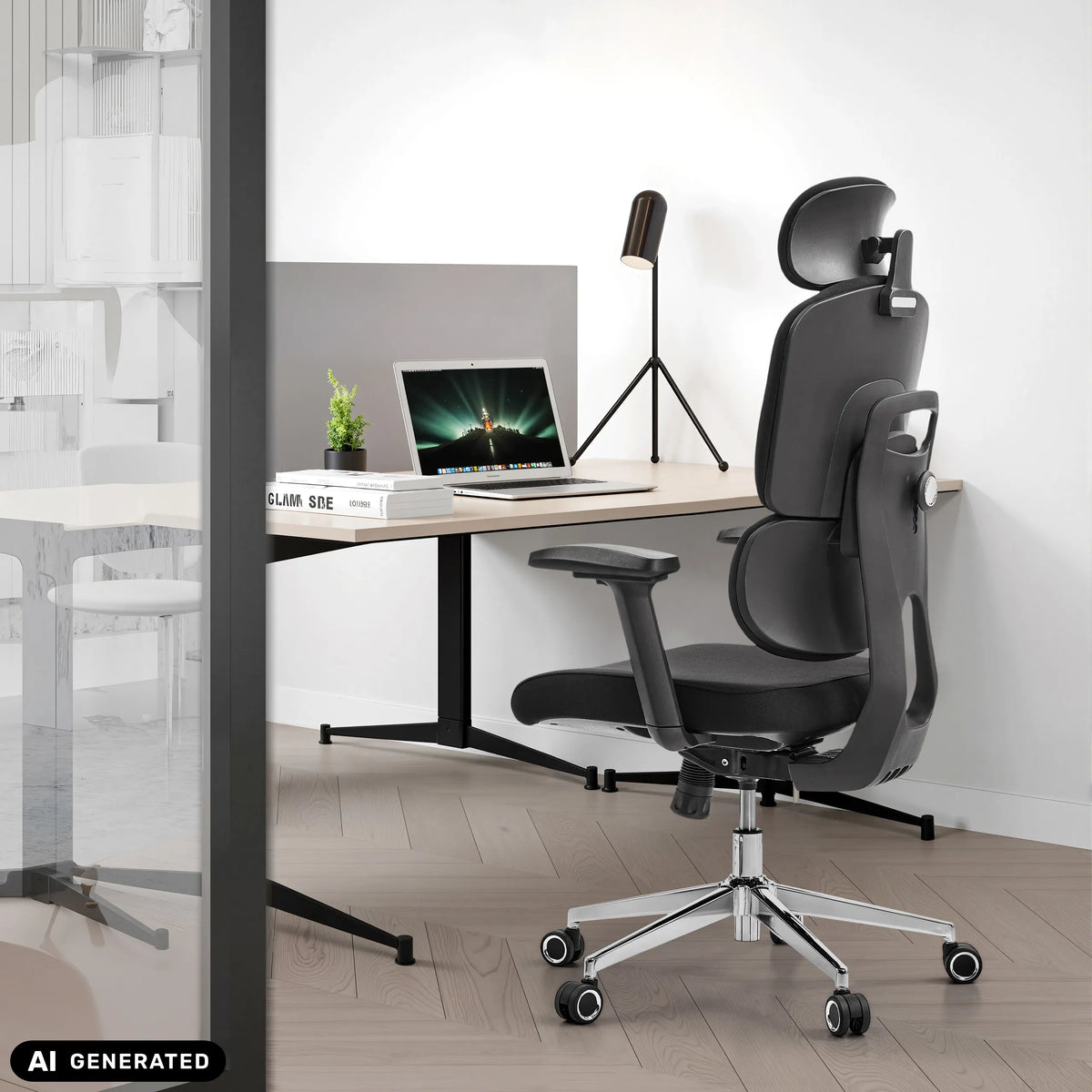 Siège de bureau de qualité professionnelle Ergomy F 2 noir avec appuie-tête et accoudoirs à un bureau de hjh OFFICE (image générée par IA)