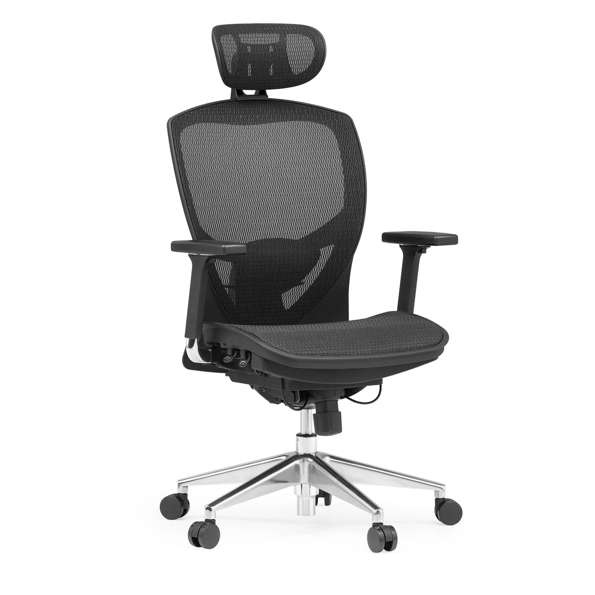 Siège de bureau haut de gamme VENUS ONE noir avec dossier en maille et base à cinq roulettes de hjh OFFICE – vue à 360° (vue de trois quarts avant 30°)
