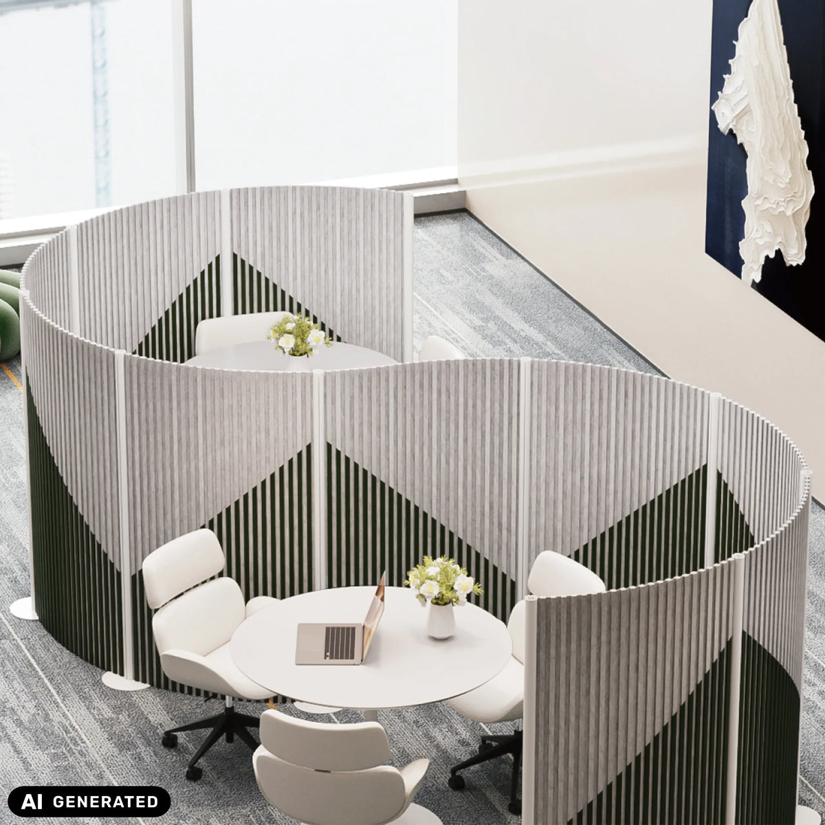 Cloisons de séparation Flexmiut Wave grises pour l'occultation et l'isolation acoustique avec motif géométrique de hjh OFFICE (image générée par IA)