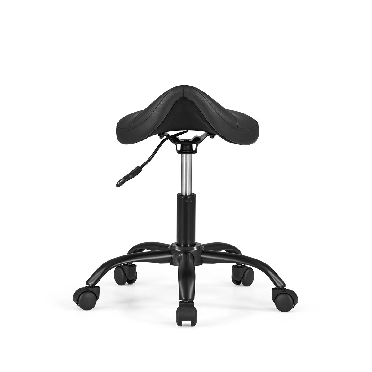 Tabouret selle noir Sattix avec vérin à gaz et piètement à cinq roulettes de hjh OFFICE – vue à 360° (vue de face 0°)