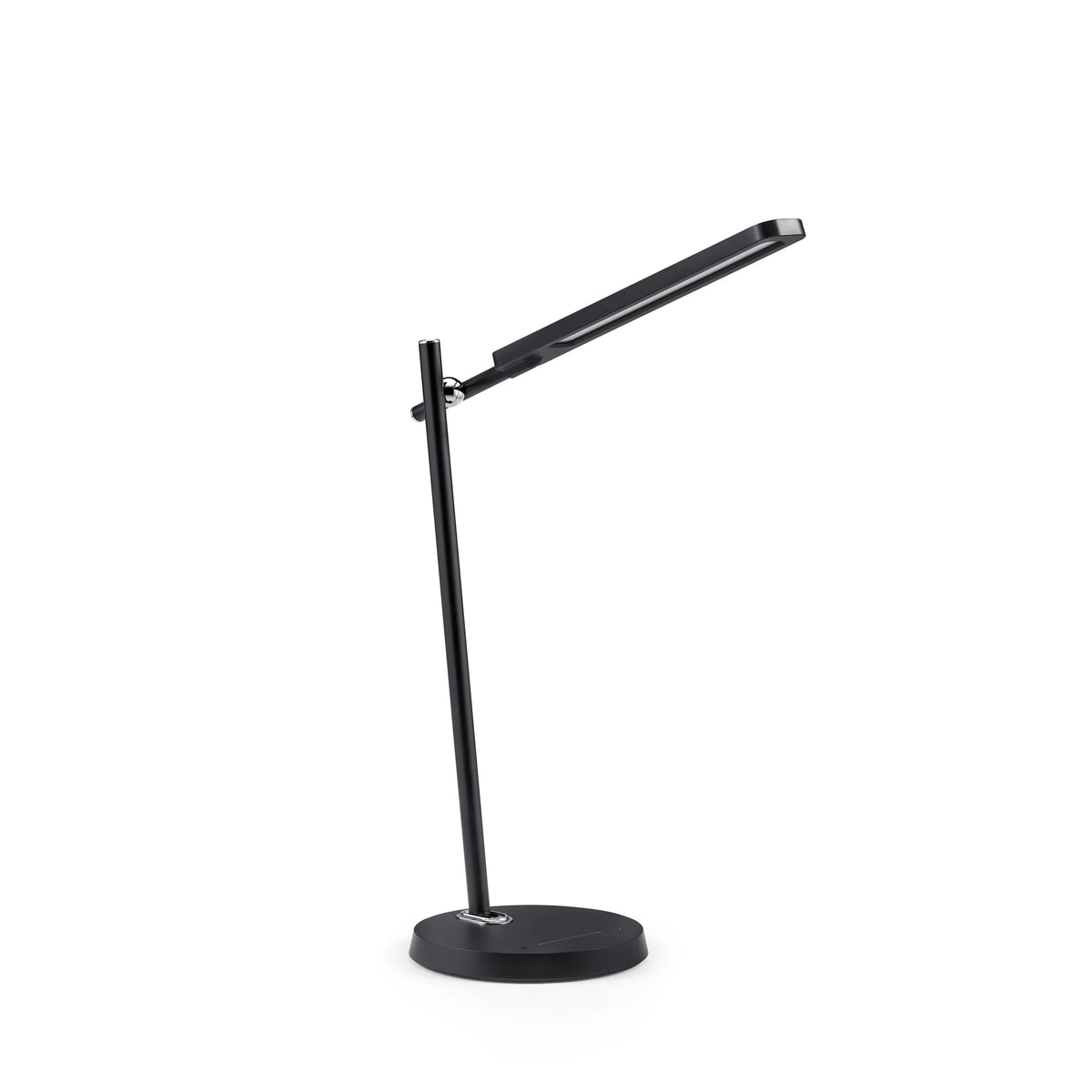 Lampe de bureau Lumanova D2 en noir avec un pied rond et une tête d'éclairage étroite de hjh OFFICE – vue à 360° (vue de face 15°)