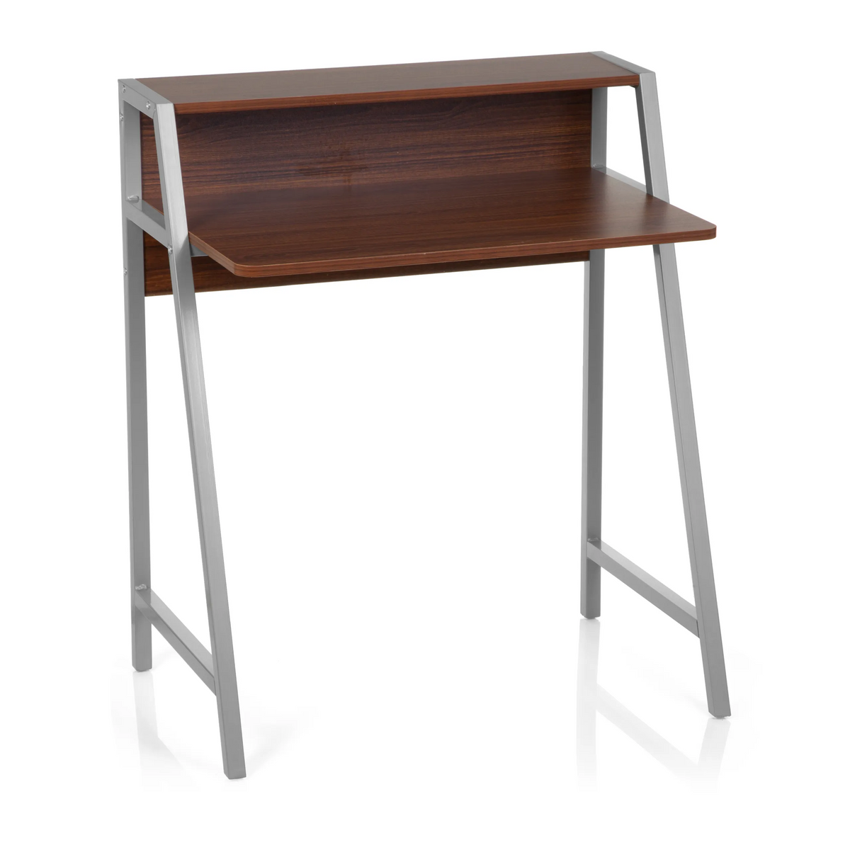Bureau DUMONT couleur noyer avec structure argentée et rehausse de hjh OFFICE – vue à 360° (vue de face 20°)