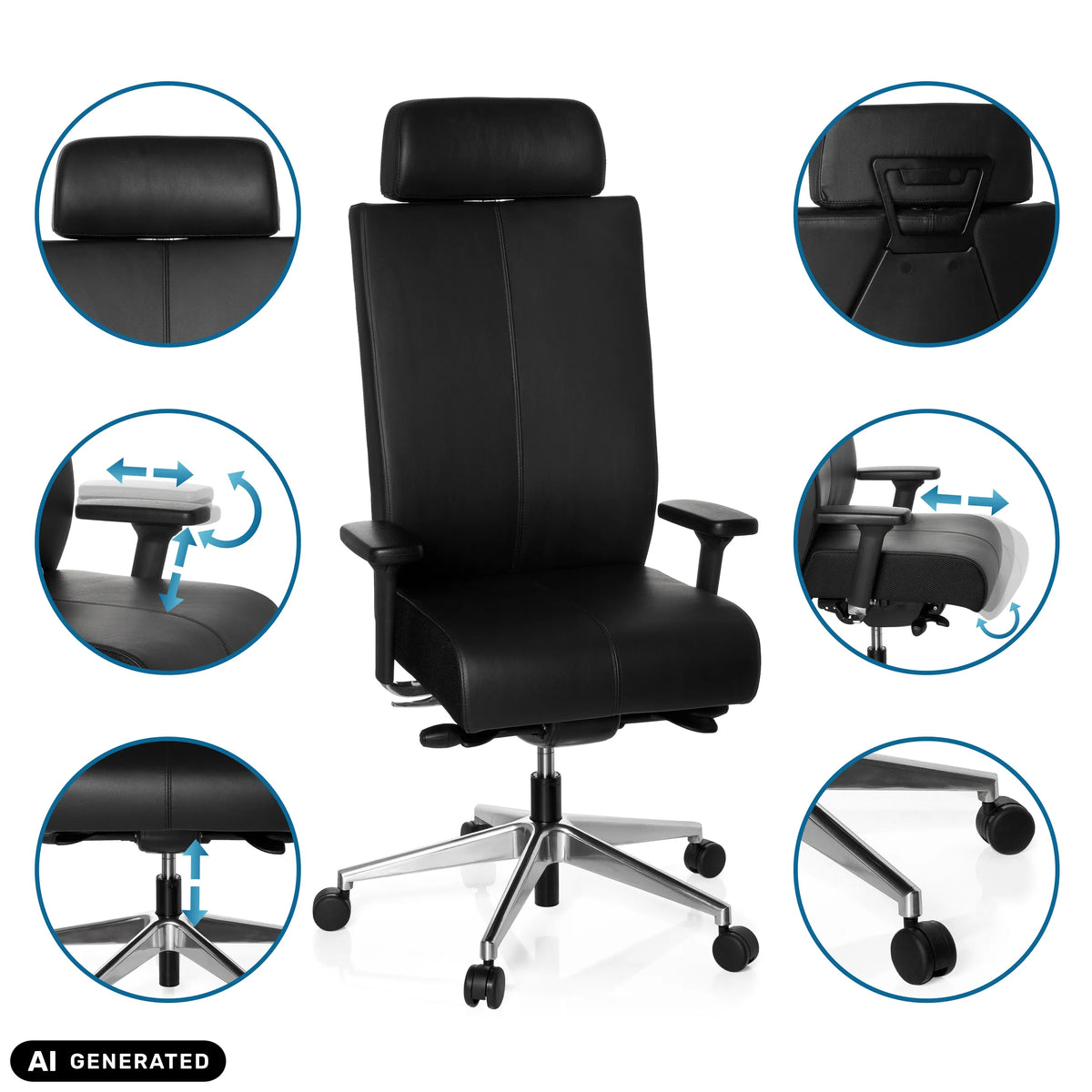 Fonctions réglables du siège de bureau de qualité professionnelle PRO-TEC XXL en noir de hjh OFFICE (image générée par IA)