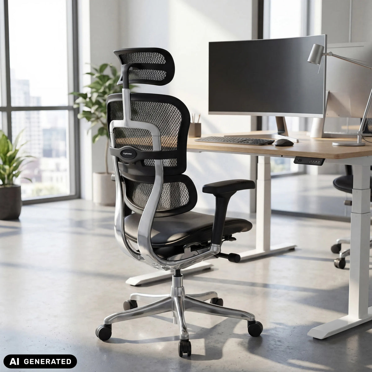 Siège de direction de luxe ERGOHUMAN GEN2 avec dossier en maille et revêtement en cuir noir de hjh OFFICE (image générée par IA)
