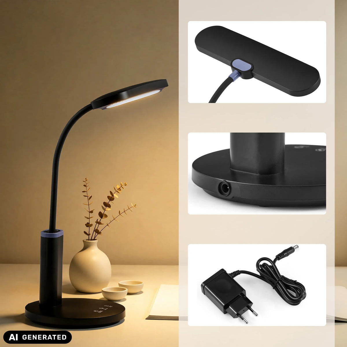 Lampe de bureau Lumanova D4 en noir avec bloc d'alimentation et vues détaillées de hjh OFFICE (image générée par IA)