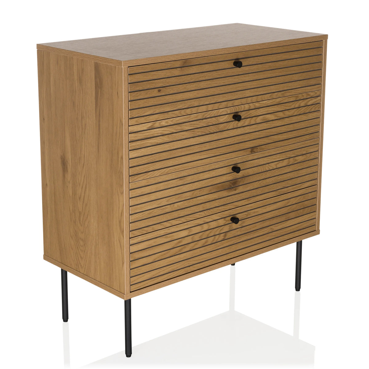 Commode LINNO K couleur chêne avec façades rainurées et quatre pieds noirs de hjh LIVING – vue à 360° (vue de trois quarts avant 30°)