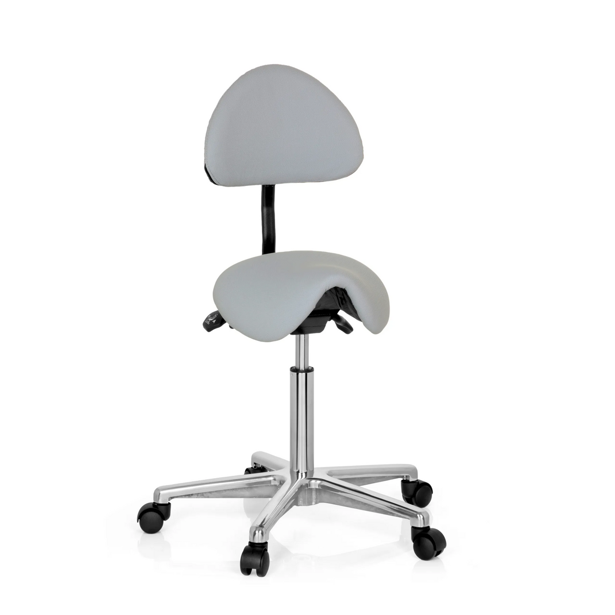 Tabouret de selle TOP WORK 20 gris avec dossier et base à cinq roulettes de hjh OFFICE – vue à 360° (vue de face 20°)