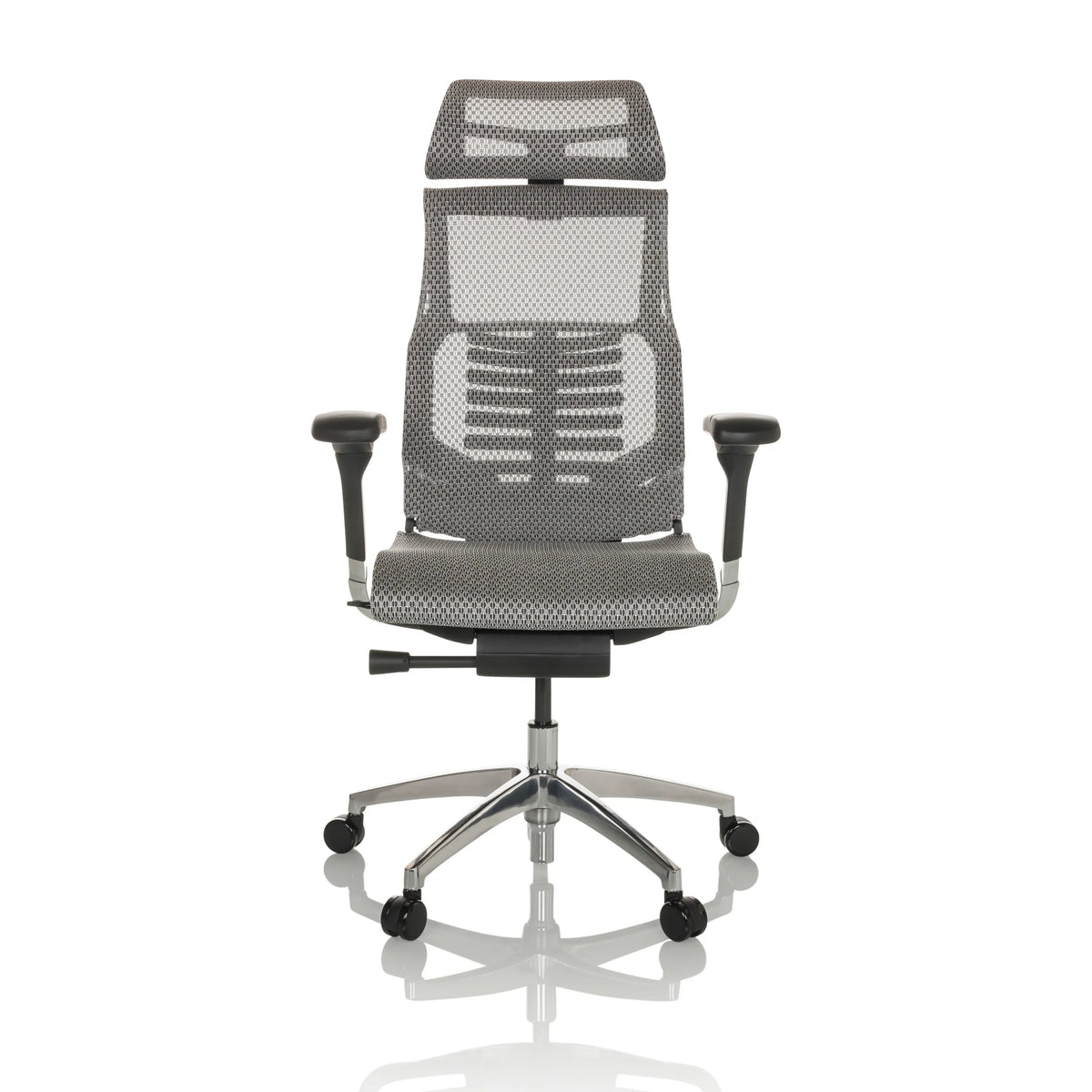 Siège de bureau haut de gamme POFIT GEN2 gris clair avec dossier en maille et piètement à cinq roulettes de hjh OFFICE – vue à 360° (vue de face 0°)