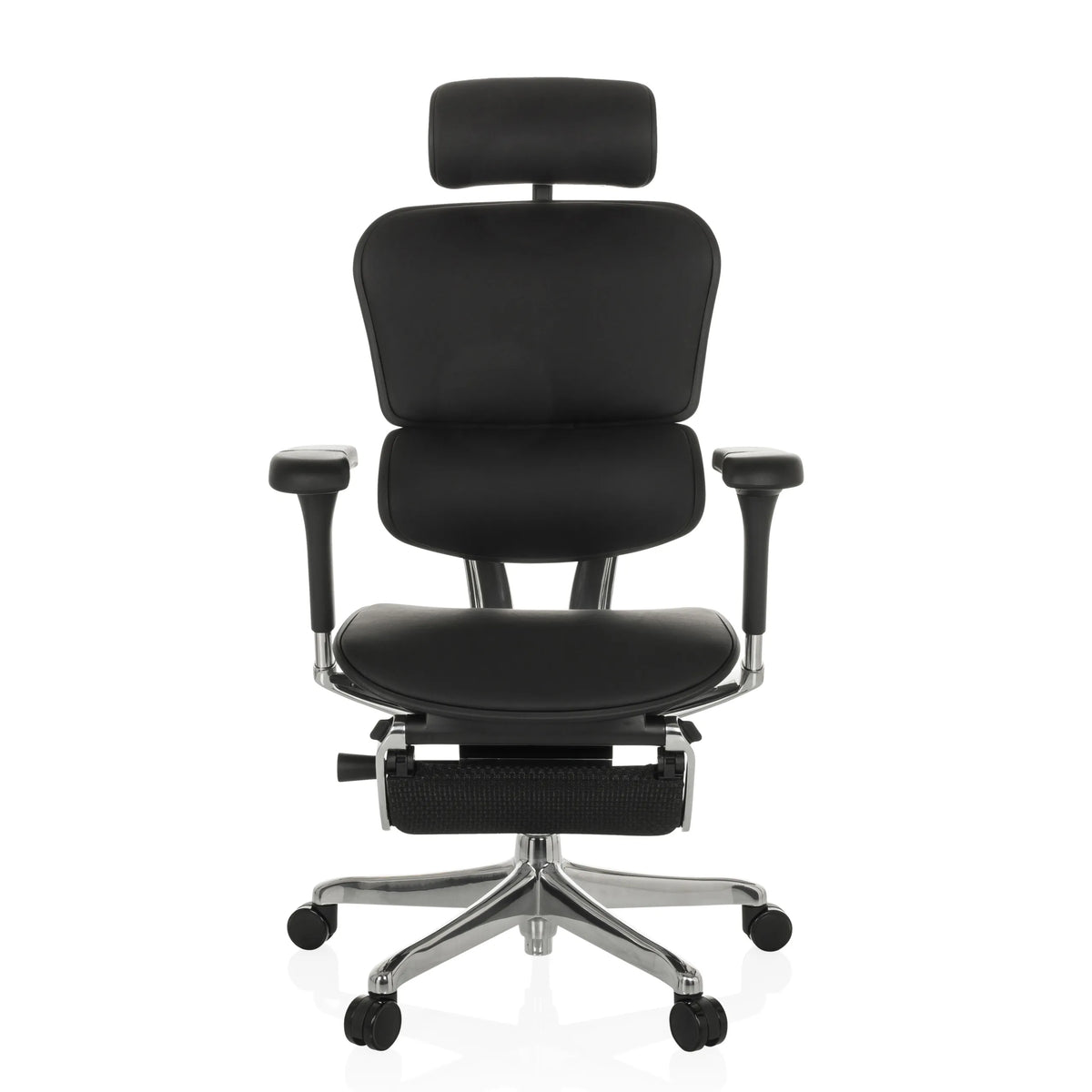 Siège de direction de luxe ERGOHUMAN PLUS LEGPRO GEN2 noir en cuir avec repose-pieds et base à cinq roulettes de hjh OFFICE – vue à 360° (vue de face 0°)