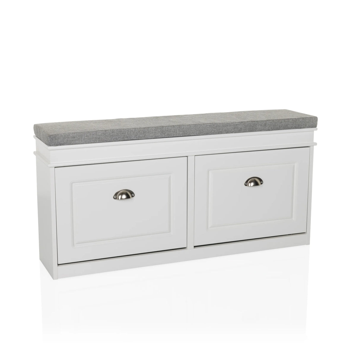 Armoire à chaussures ESTHA I blanche avec assise grise et deux tiroirs de hjh LIVING – vue à 360° (vue de face 15°)