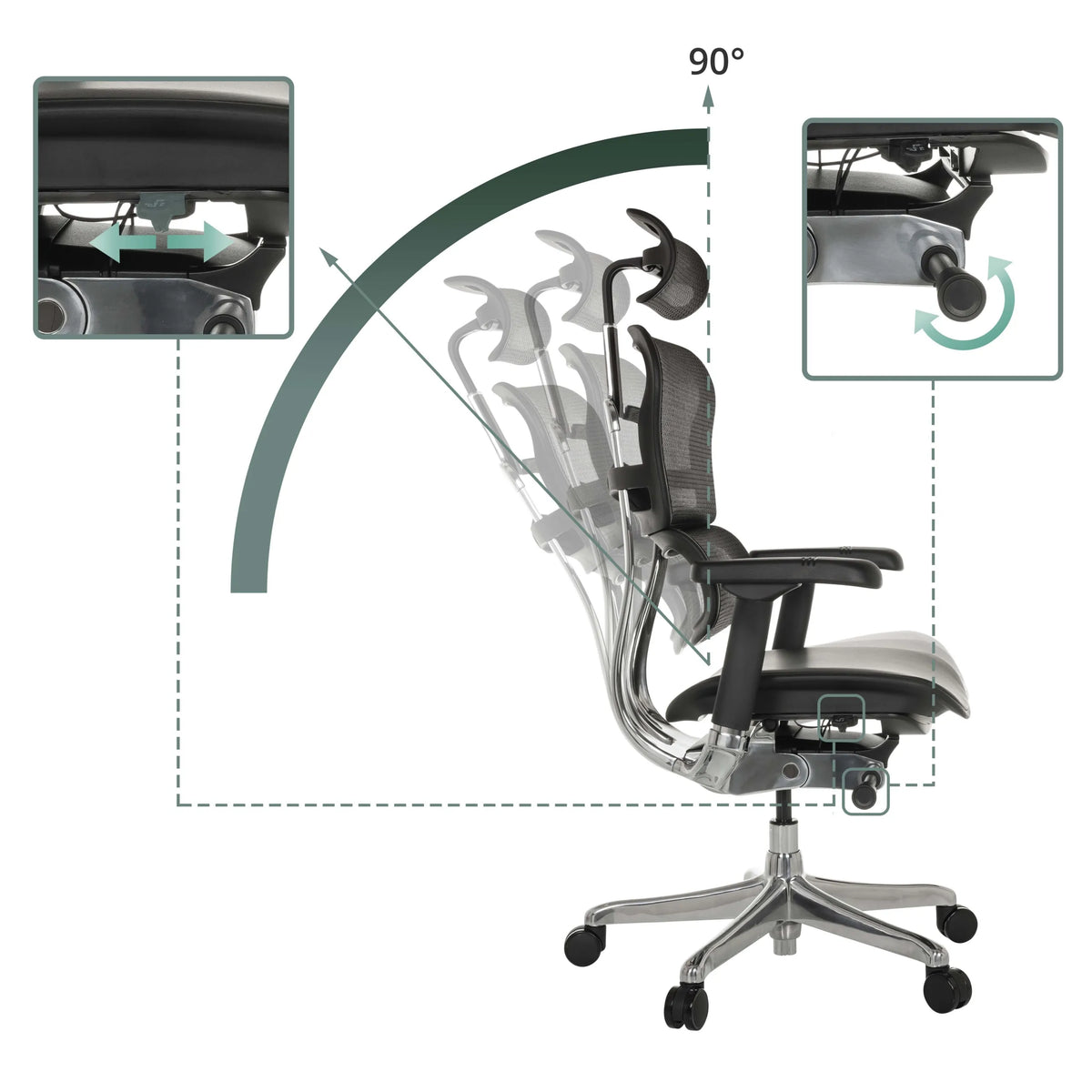 Angle d'inclinaison réglable jusqu'à 90 degrés du dossier du siège de direction de luxe ERGOHUMAN GEN2 de hjh OFFICE