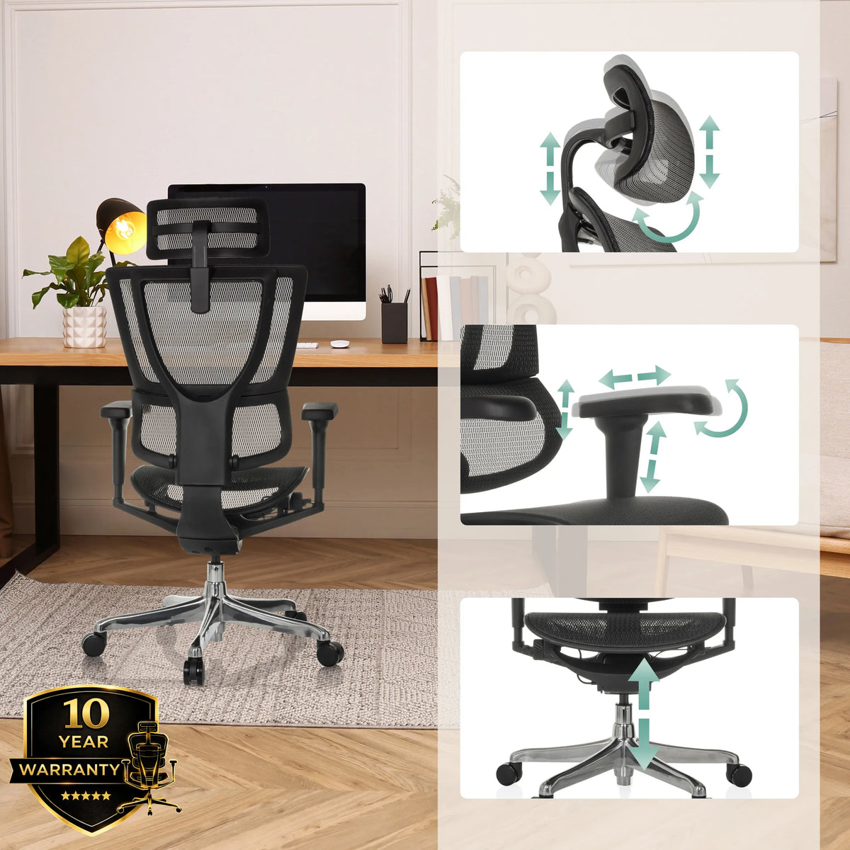 Appui-tête, accoudoirs et hauteur d'assise réglables du siège de direction de luxe ERGOHUMAN SLIM ULTRA GEN2 en noir de hjh OFFICE