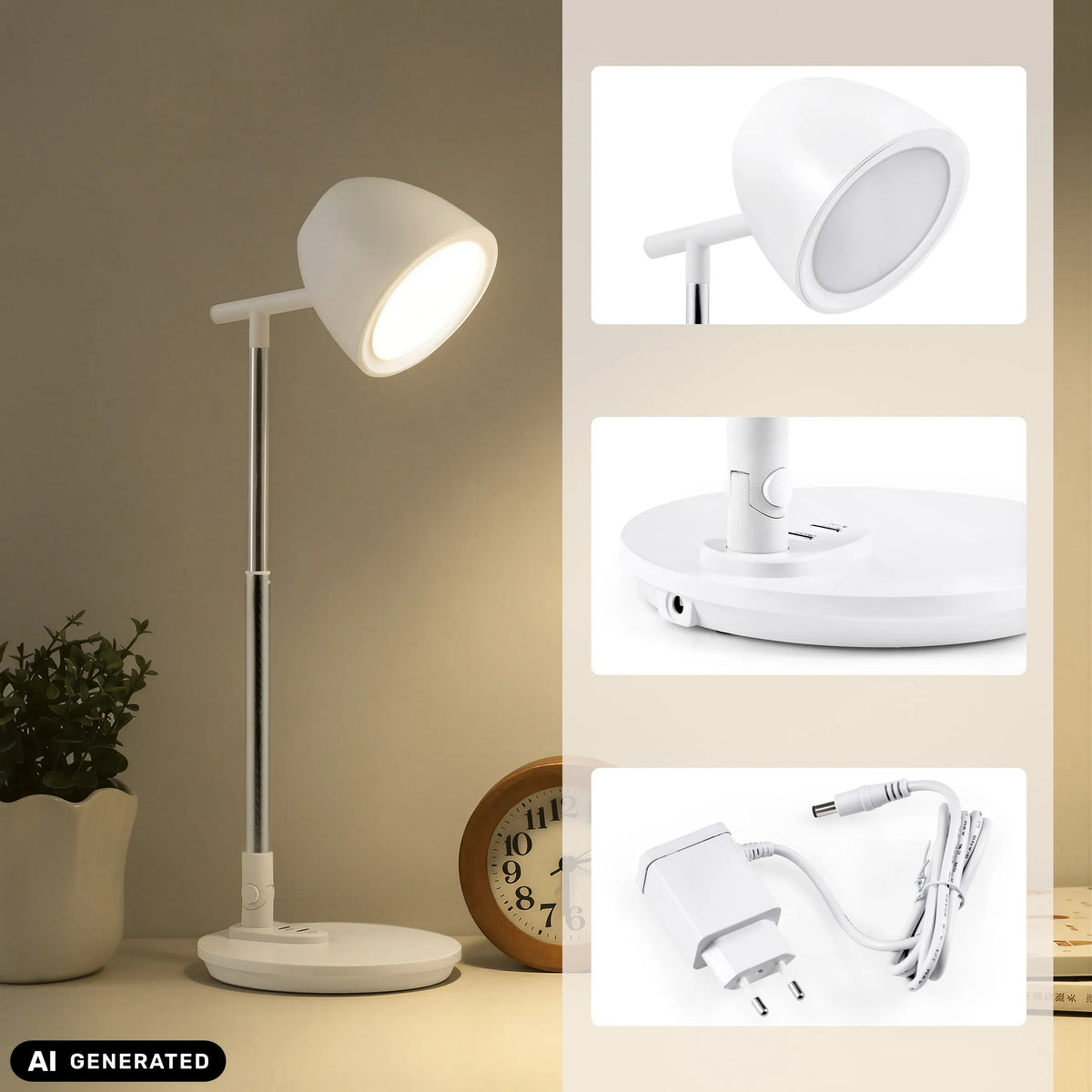 Lampe de bureau Lumanova D3 blanche avec adaptateur secteur et vues détaillées de hjh OFFICE (image générée par IA)