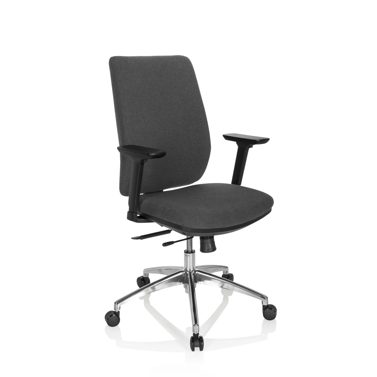 Siège de bureau de qualité professionnelle INTEGRIO I gris foncé avec accoudoirs et base à cinq roulettes de hjh OFFICE – vue à 360° (vue de trois quarts avant 40°)