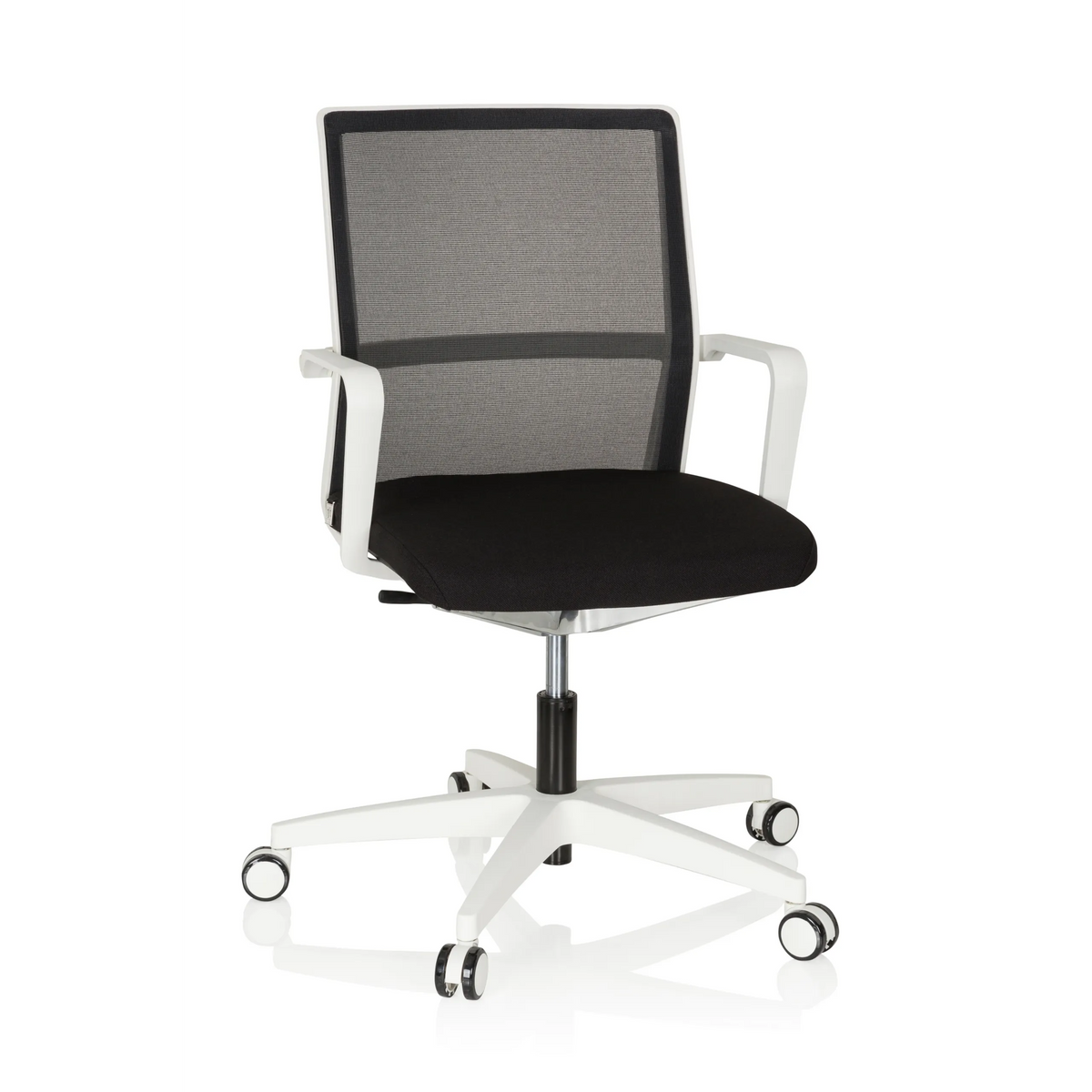 Siège de bureau de qualité professionnelle MOVE-TEC NET 3D W noir et blanc avec dossier en maille et base blanche à cinq roulettes de hjh OFFICE – vue à 360° (vue de face 20°)