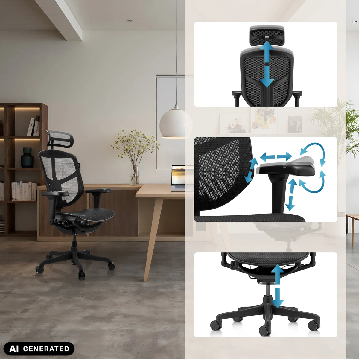 Appuie-tête, accoudoirs et hauteur d'assise réglables du siège de bureau professionnel ENJOY ULTRA GEN2 de hjh OFFICE (image générée par IA)