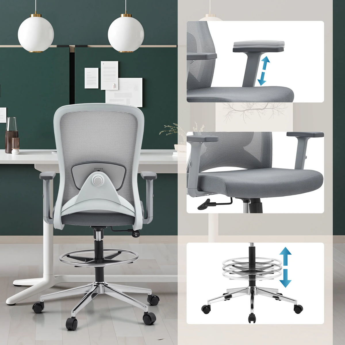 Chaise de comptoir Top Work 44 W grise avec accoudoirs réglables en hauteur et repose-pieds de hjh OFFICE