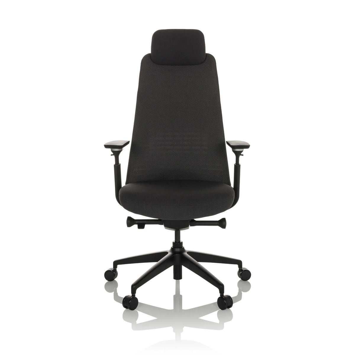 Siège de bureau de qualité professionnelle YUCANO noir, dossier maille, appuie-tête et base à 5 roulettes de hjh OFFICE – vue à 360° (vue de face 0°)