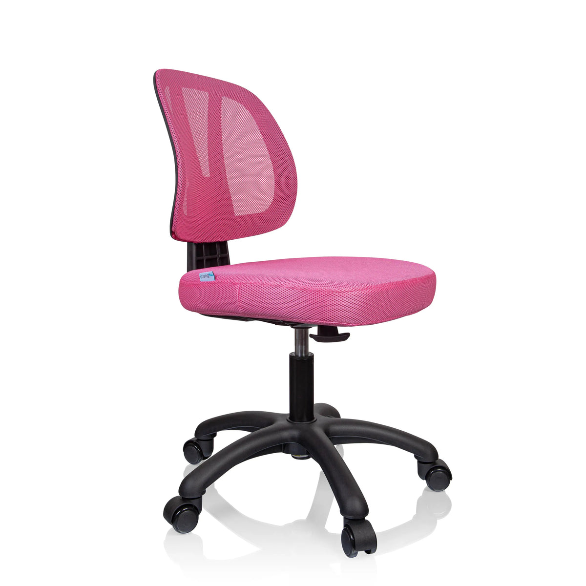 Chaise pivotante pour des enfants KID YU 200 rose avec dossier en maille et pied noir à cinq roulettes de hjh OFFICE – vue à 360° (vue de trois quarts avant 60°)