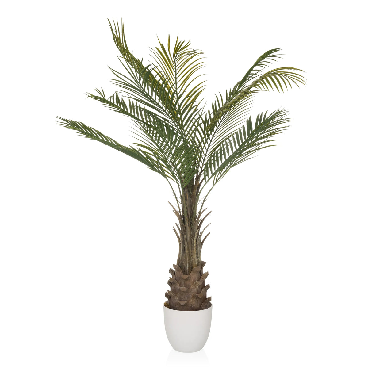 Plante artificielle verte DRACAENA en forme de palmier avec cache-pot blanc de hjh OFFICE – vue à 360° (vue de face 0°)