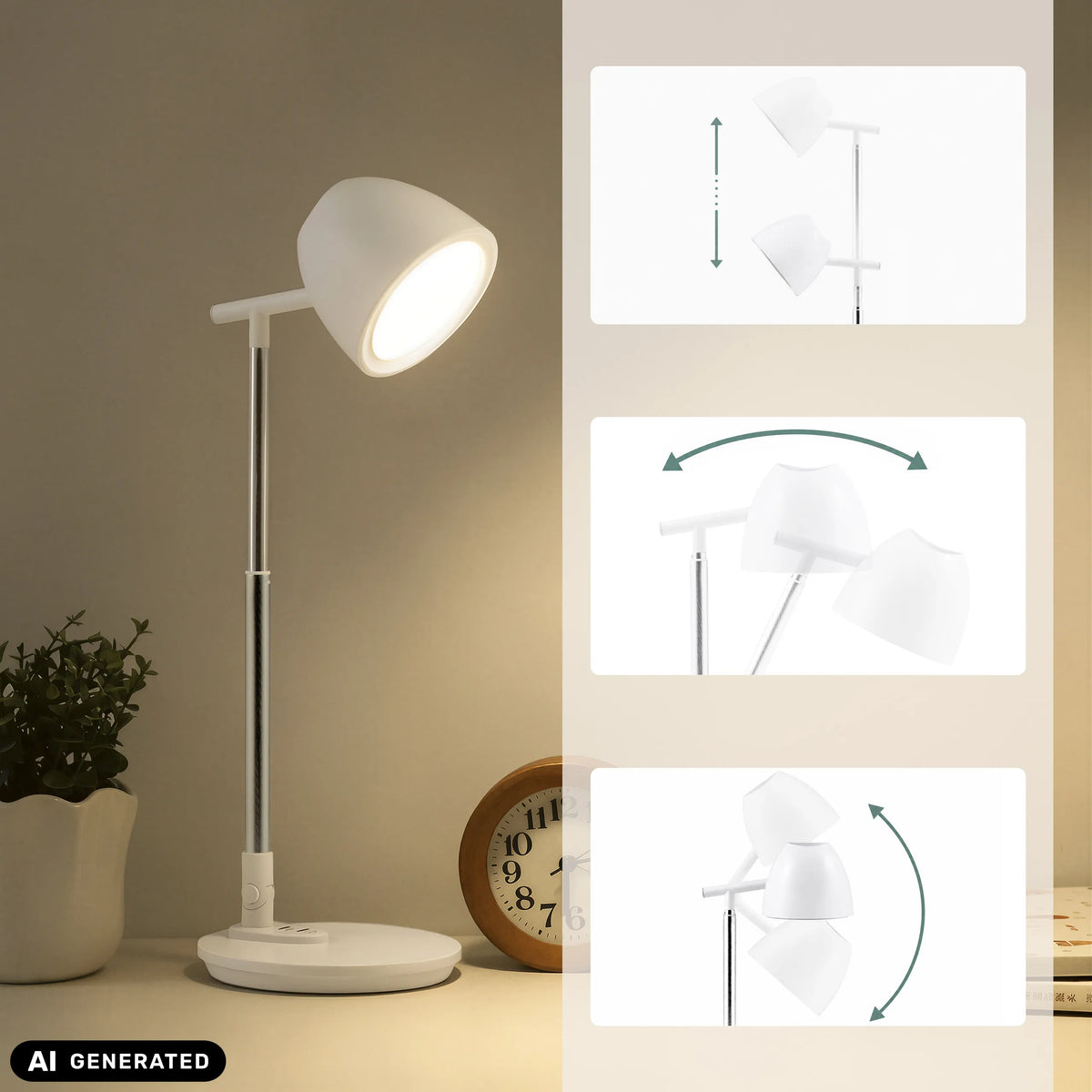 Réglage de la hauteur et de l'inclinaison de la lampe de bureau Lumanova D3 en blanc de hjh OFFICE (image générée par IA)
